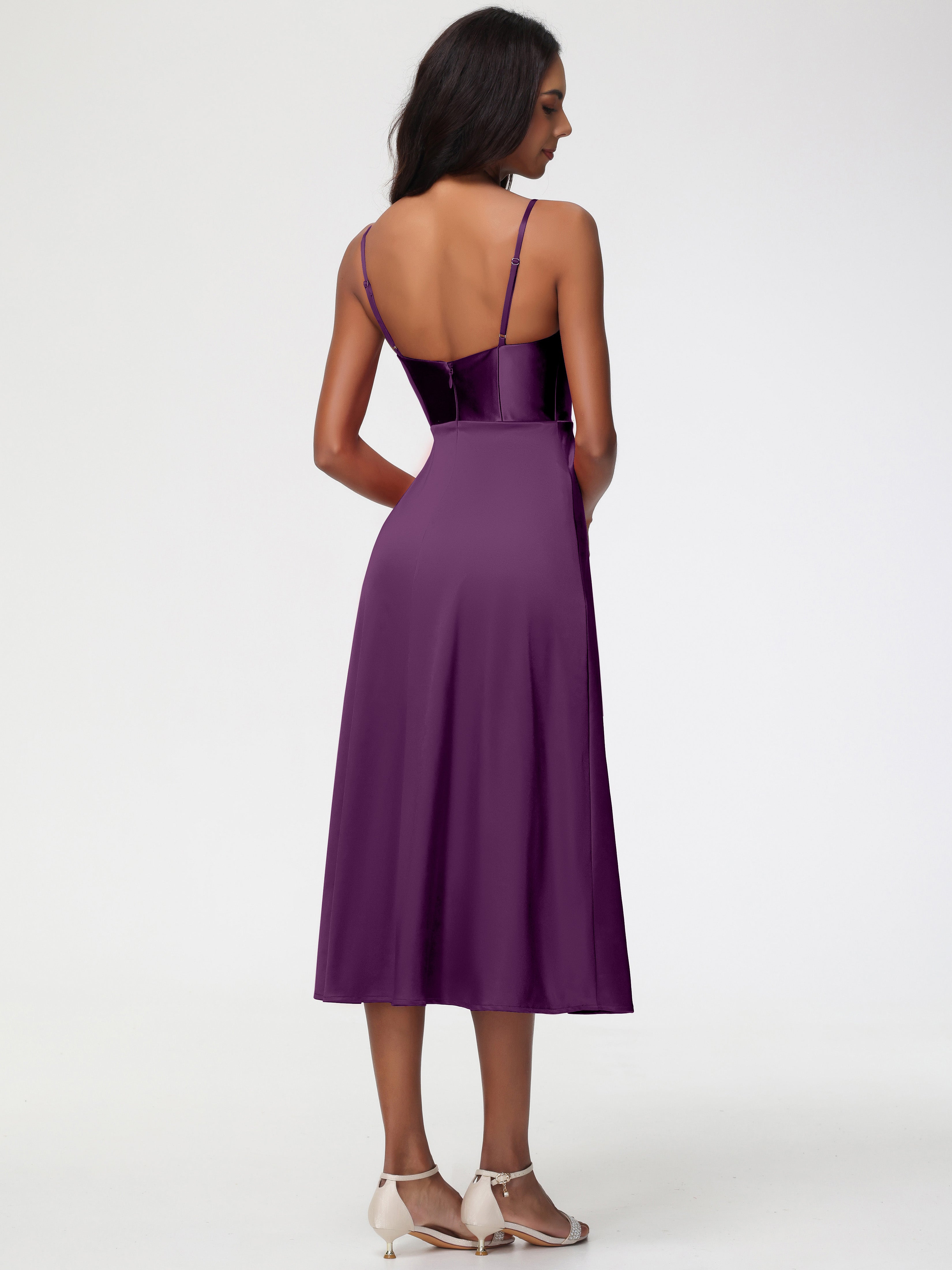 Robes De Demoiselle D'Honneur En Raisin Col V Bretelles Spaghetti Satin Extensible Robe De Demoiselle D'Honneur