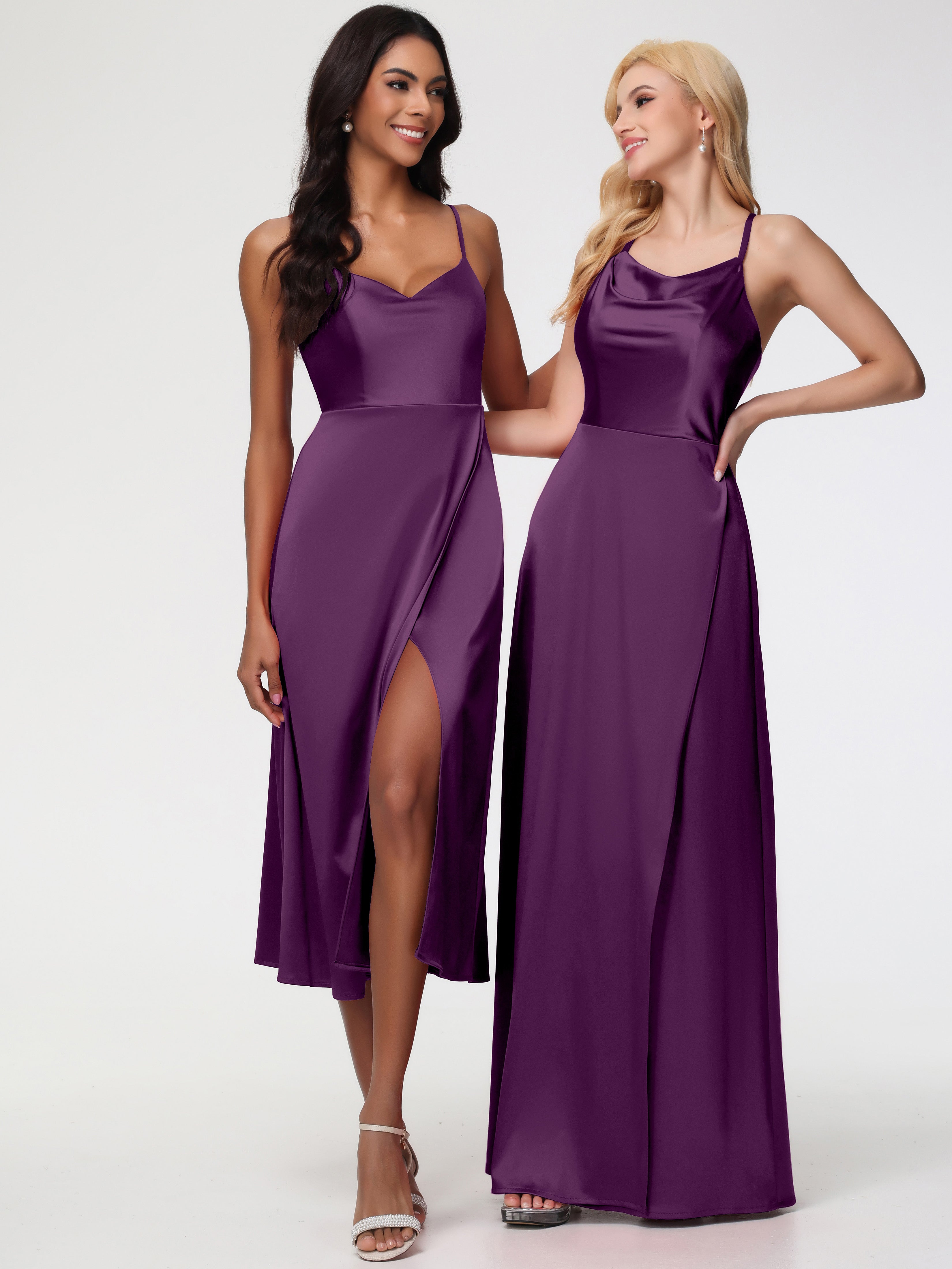 Robes De Demoiselle D'Honneur En Raisin Col V Bretelles Spaghetti Satin Extensible Robe De Demoiselle D'Honneur