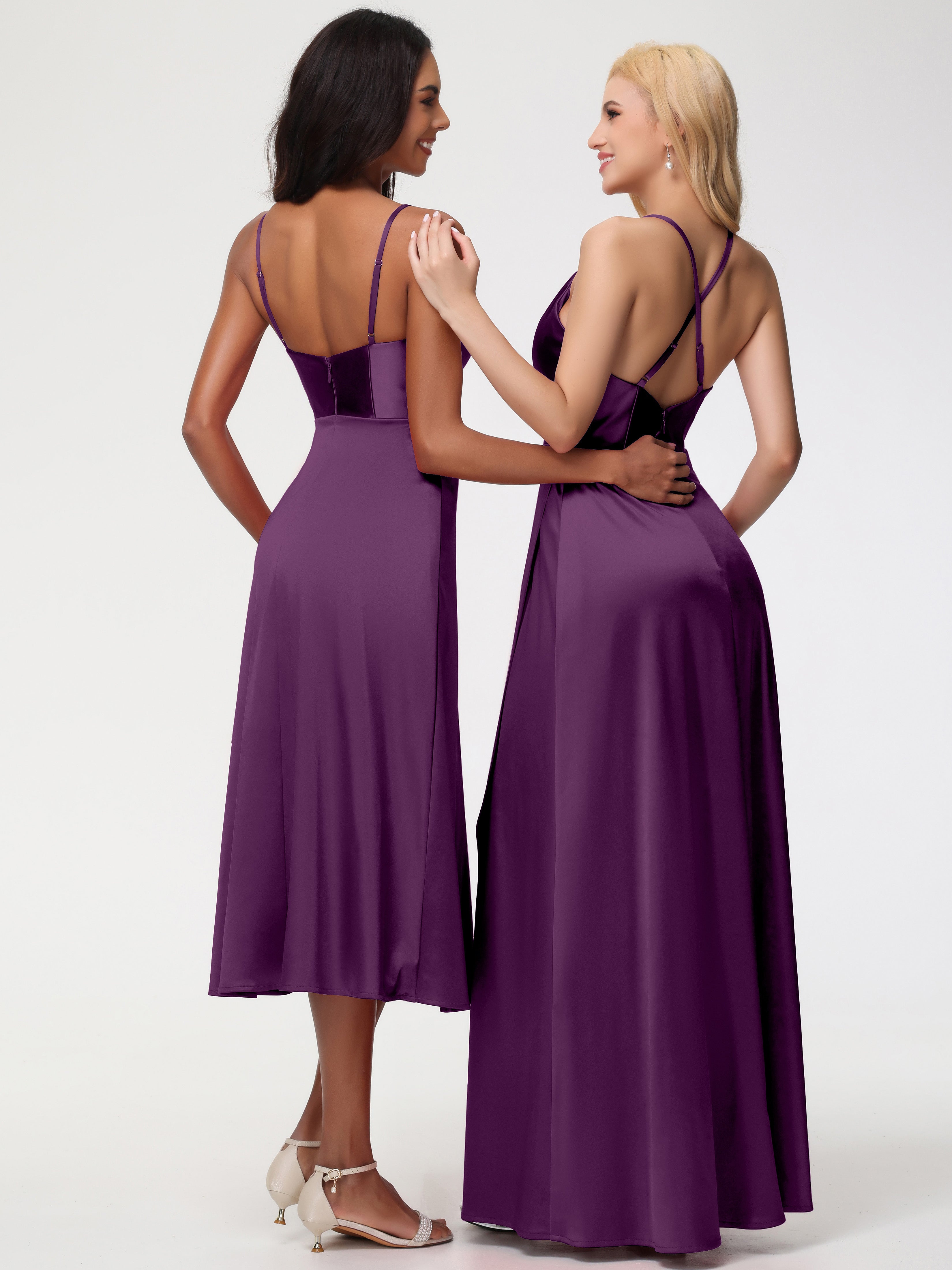 Robes De Demoiselle D'Honneur En Raisin Col V Bretelles Spaghetti Satin Extensible Robe De Demoiselle D'Honneur