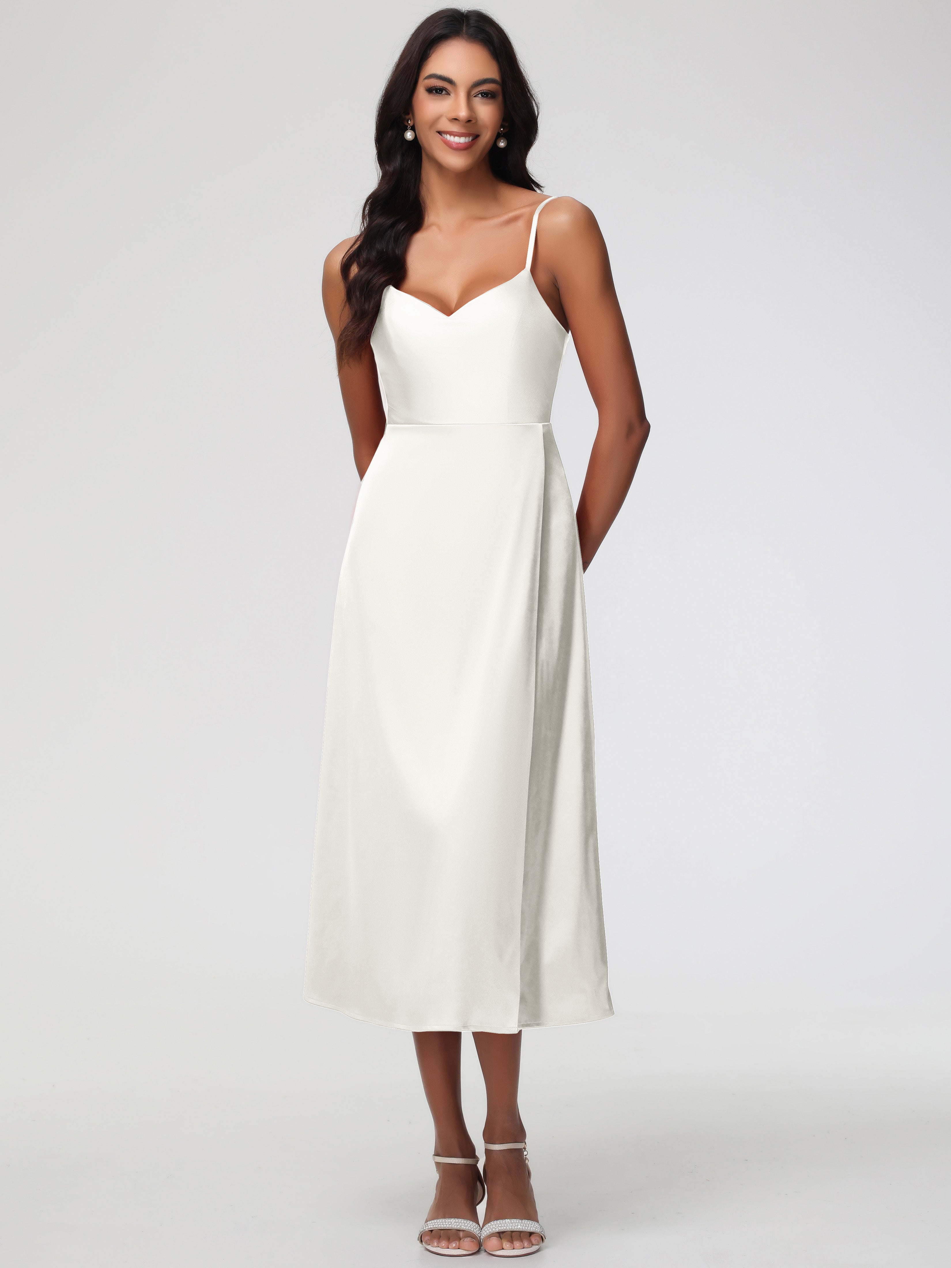 Robe Ivoire Demoiselle D Honneur Col V Bretelles Spaghetti Satin Extensible Robe De Demoiselle D'Honneur