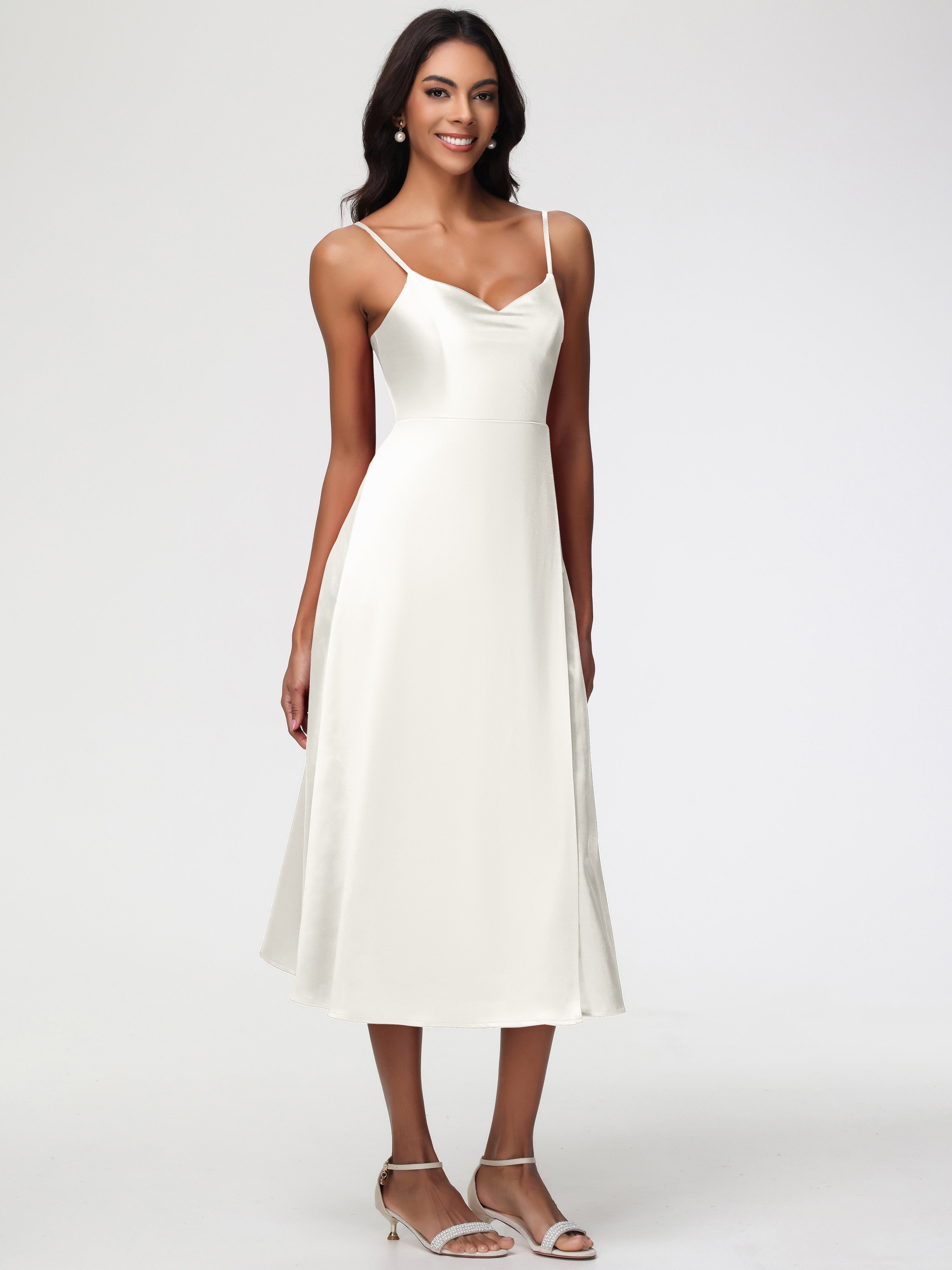 Robe Ivoire Demoiselle D Honneur Col V Bretelles Spaghetti Satin Extensible Robe De Demoiselle D'Honneur