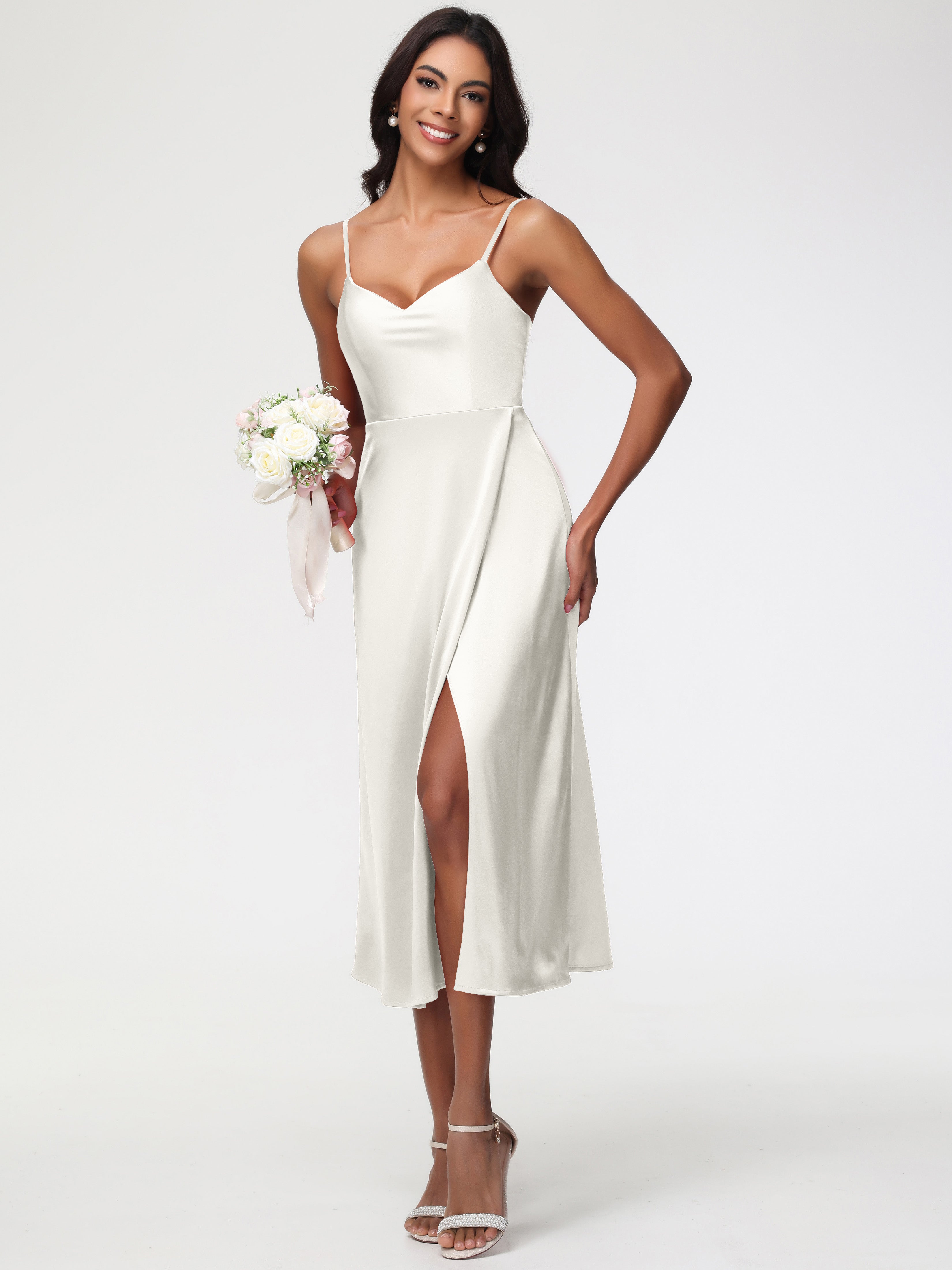 Robe Ivoire Demoiselle D Honneur Col V Bretelles Spaghetti Satin Extensible Robe De Demoiselle D'Honneur