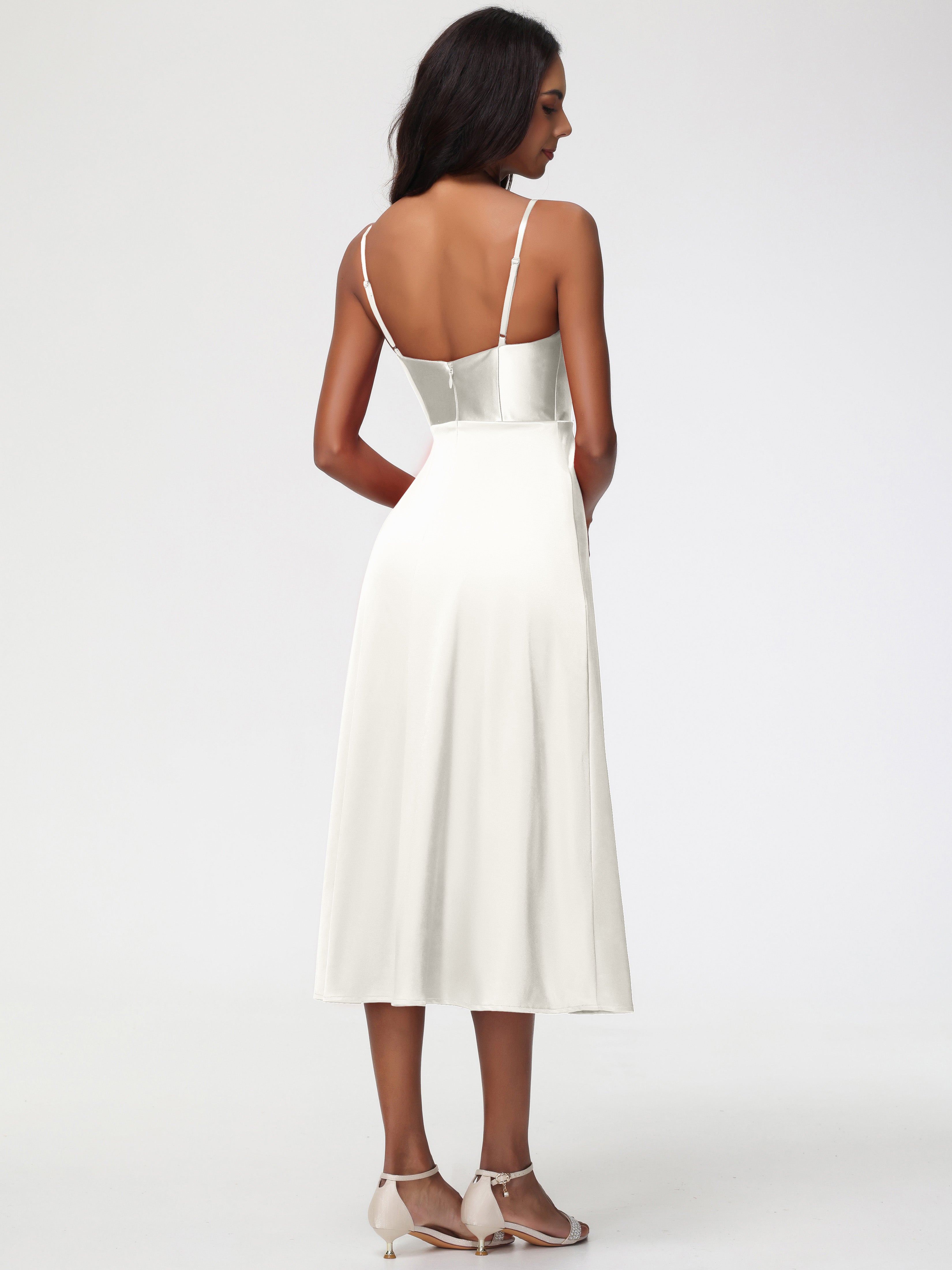 Robe Ivoire Demoiselle D Honneur Col V Bretelles Spaghetti Satin Extensible Robe De Demoiselle D'Honneur