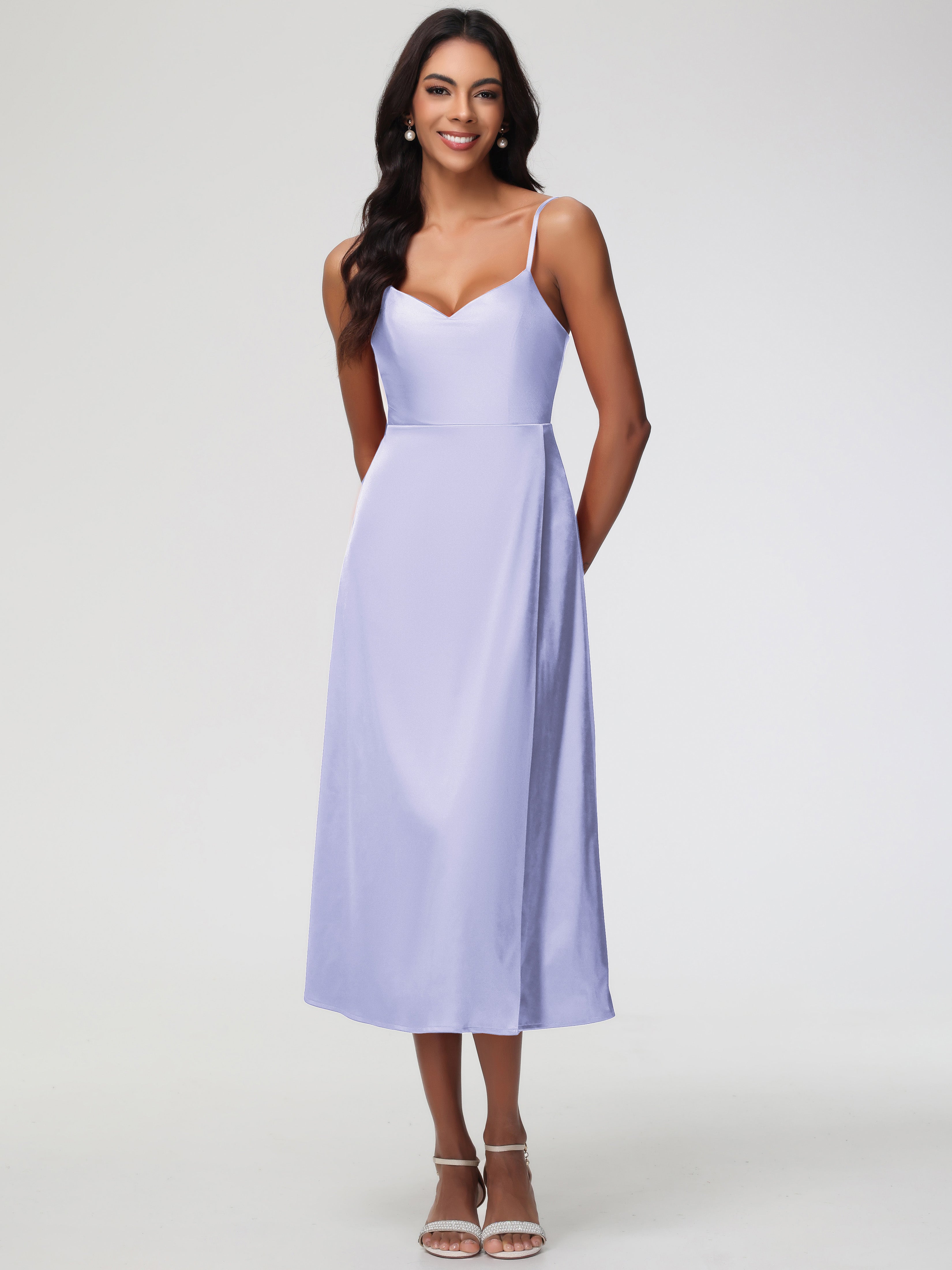Robe Demoiselle D Honneur Couleur Lavande Col V Bretelles Spaghetti Satin Extensible Robe De Demoiselle D'Honneur