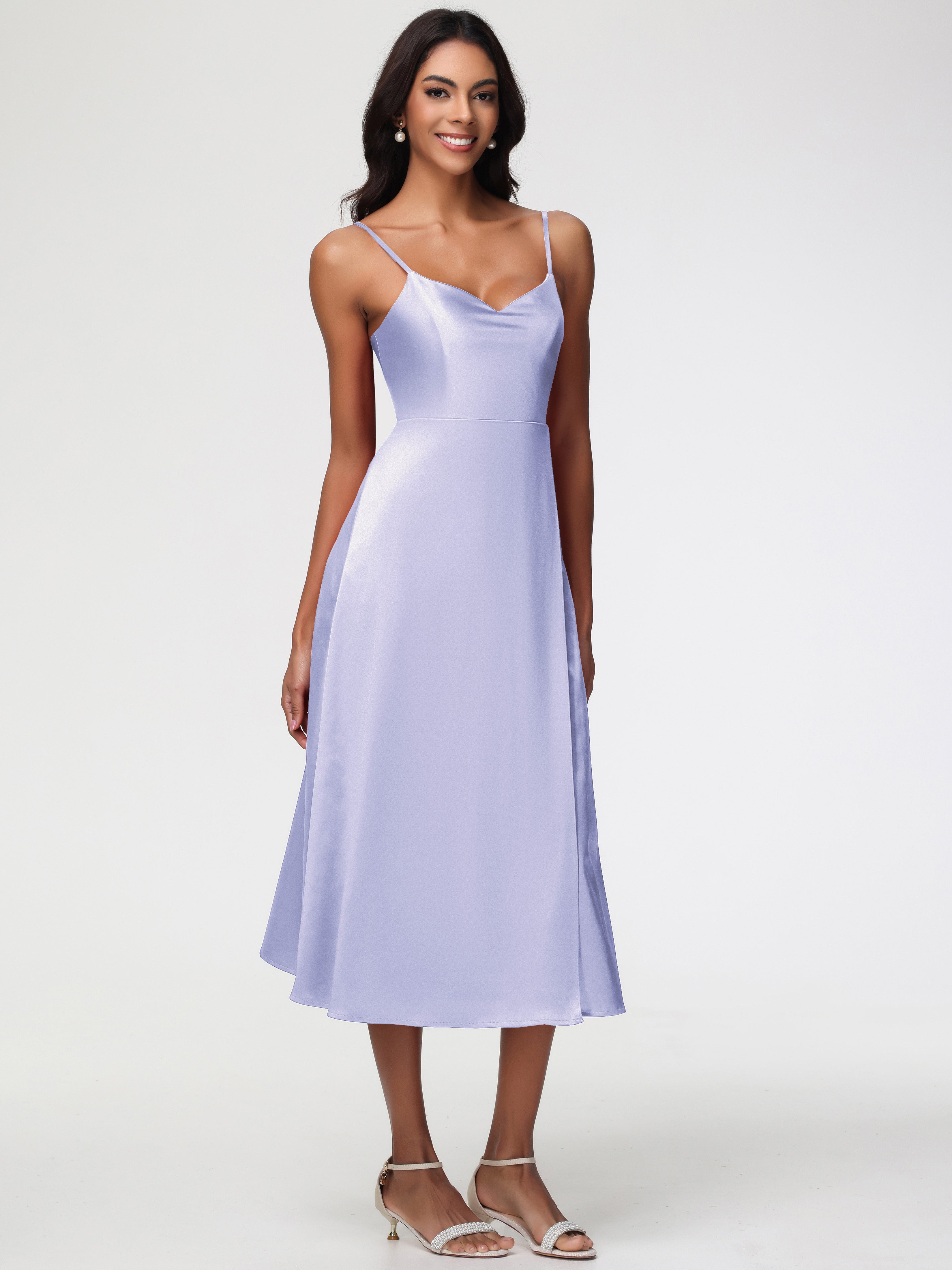 Robe Demoiselle D Honneur Couleur Lavande Col V Bretelles Spaghetti Satin Extensible Robe De Demoiselle D'Honneur