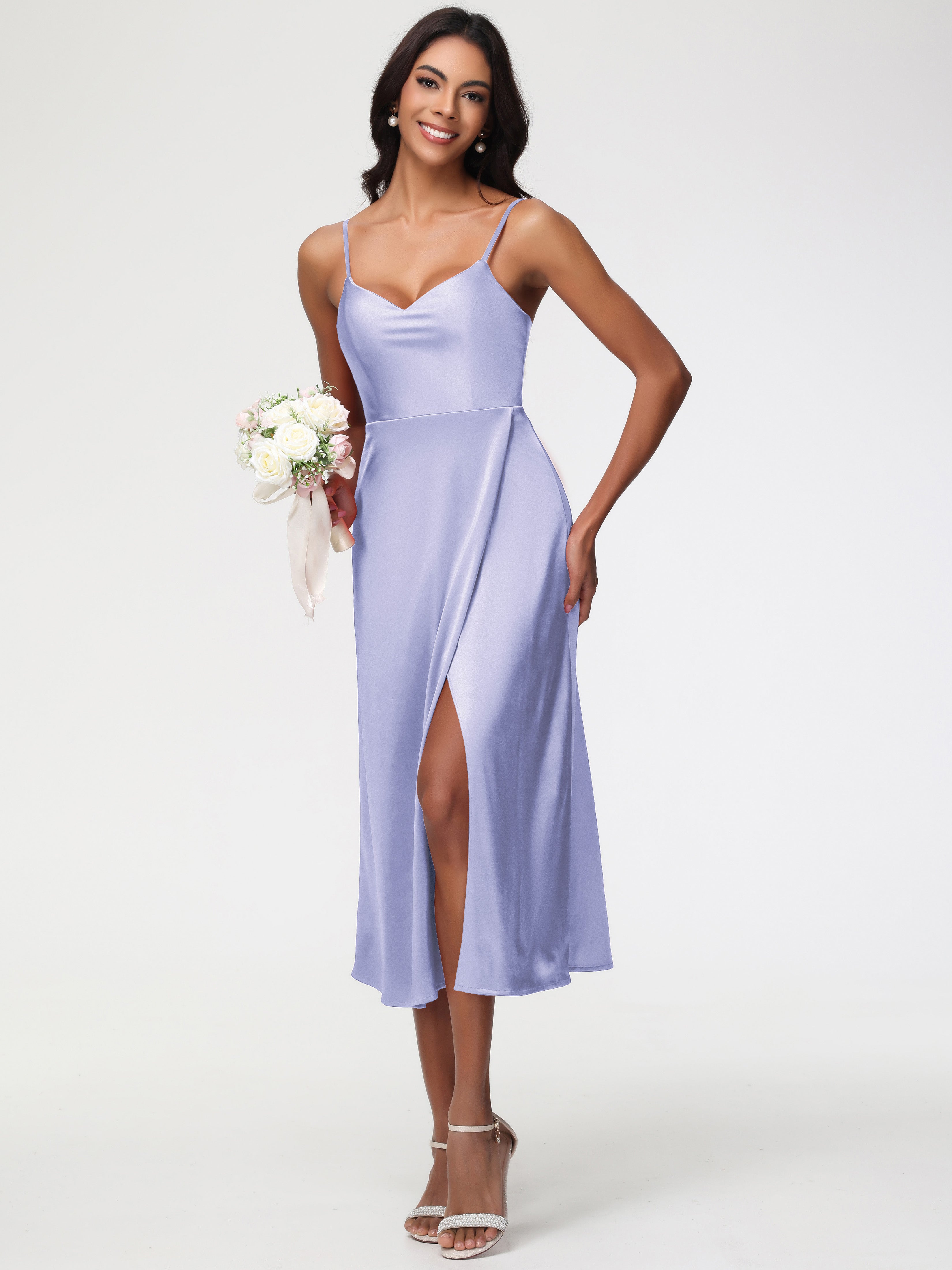 Robe Demoiselle D Honneur Couleur Lavande Col V Bretelles Spaghetti Satin Extensible Robe De Demoiselle D'Honneur