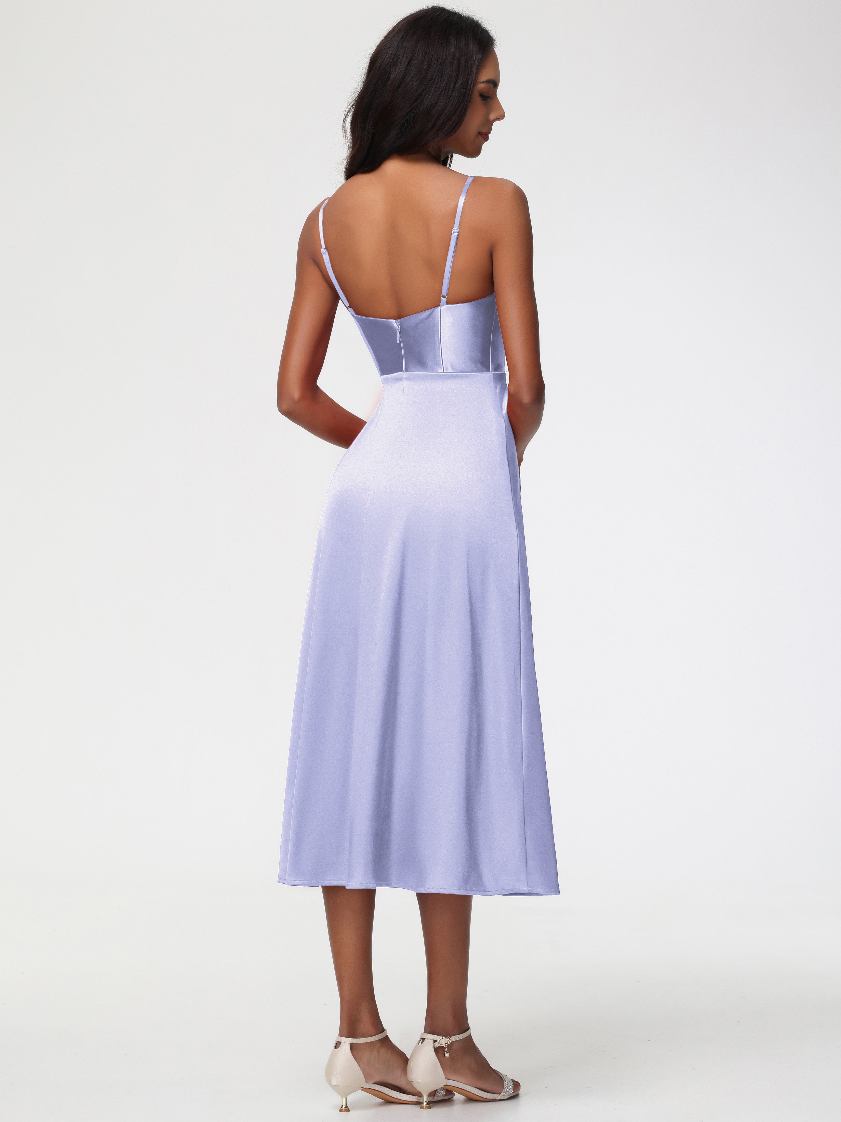 Robe Demoiselle D Honneur Couleur Lavande Col V Bretelles Spaghetti Satin Extensible Robe De Demoiselle D'Honneur
