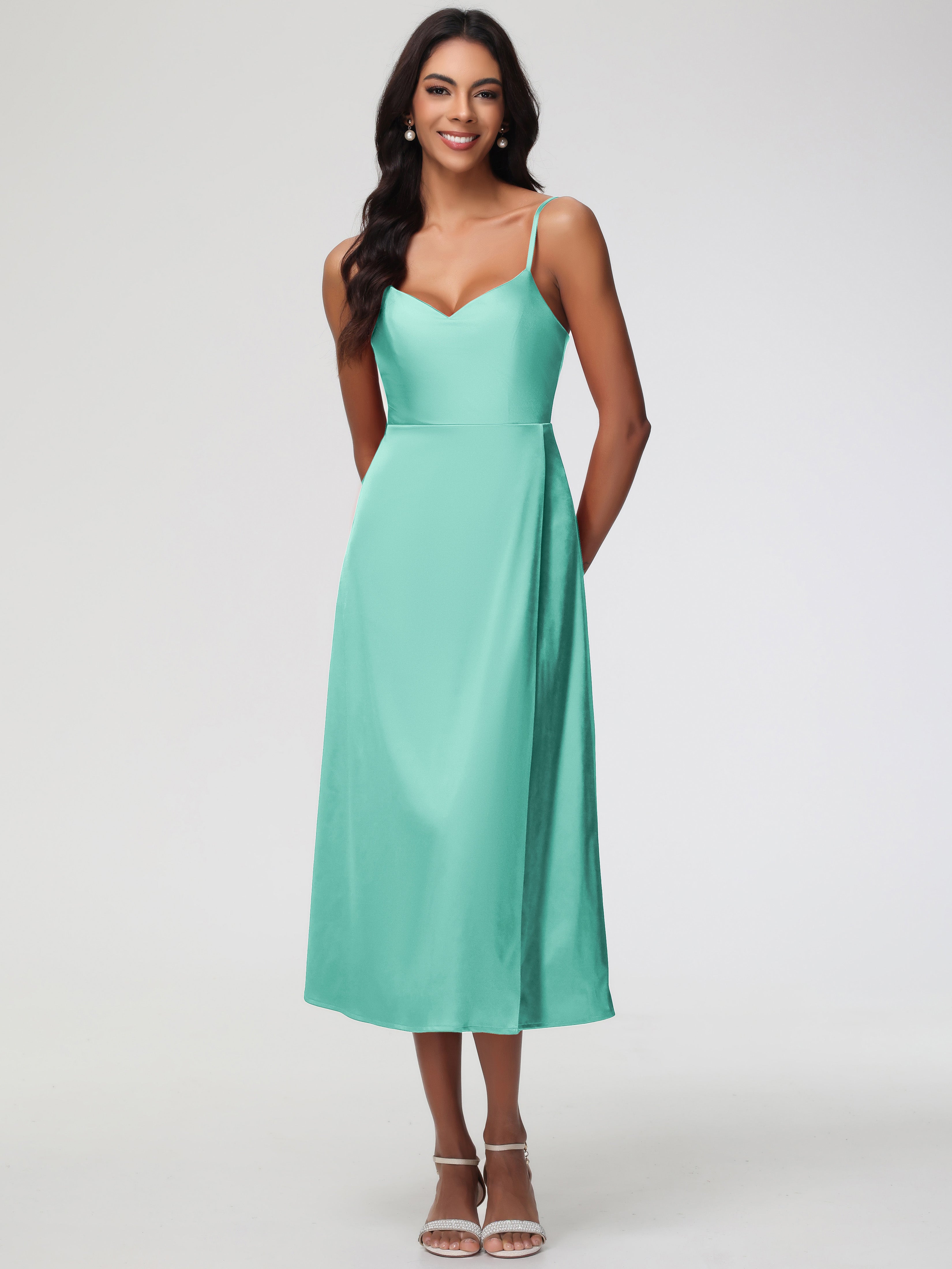 Robe Vert Menthe Demoiselle D Honneur Col V Bretelles Spaghetti Satin Extensible Robe De Demoiselle D'Honneur