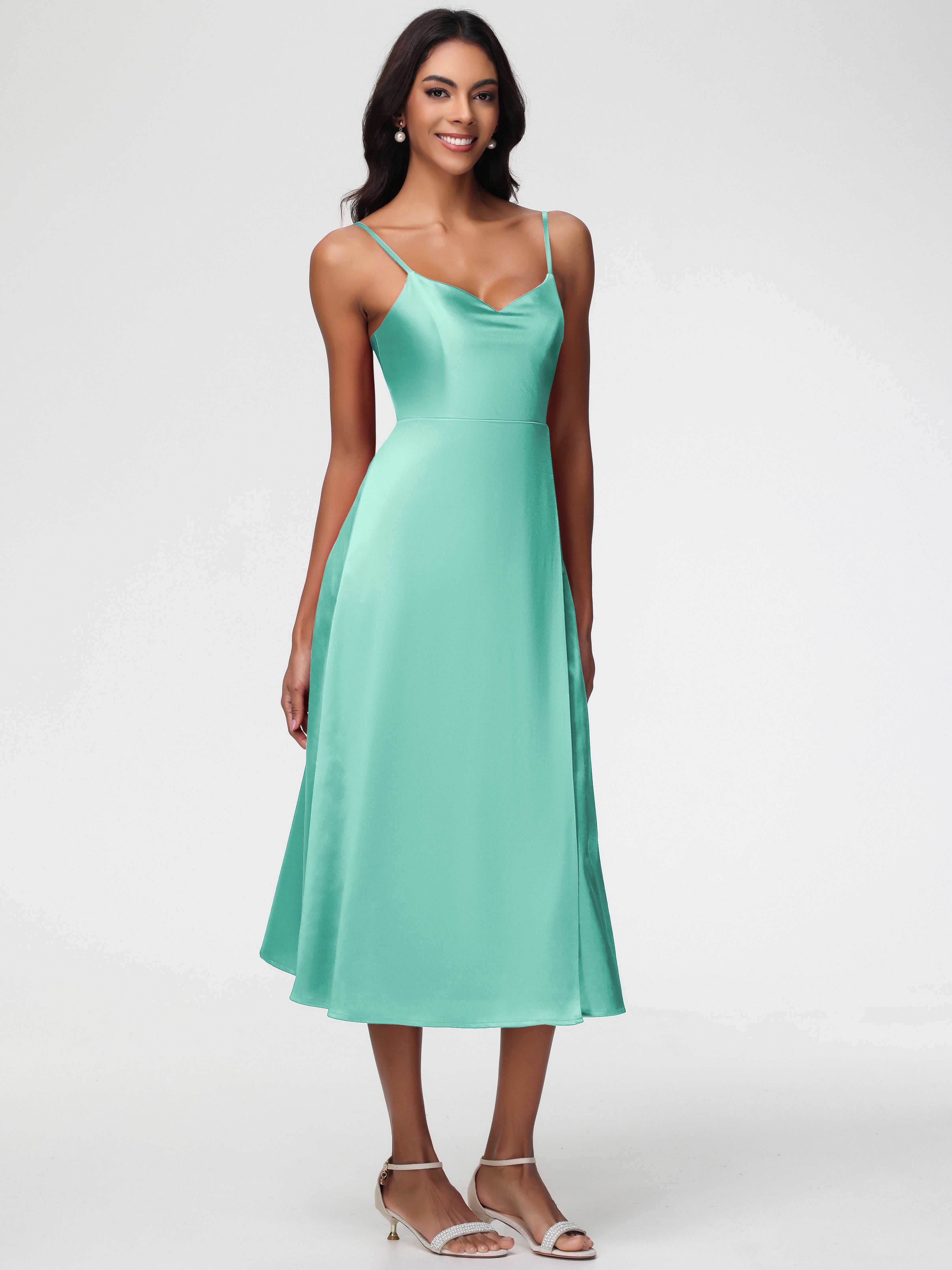 Robe Vert Menthe Demoiselle D Honneur Col V Bretelles Spaghetti Satin Extensible Robe De Demoiselle D'Honneur