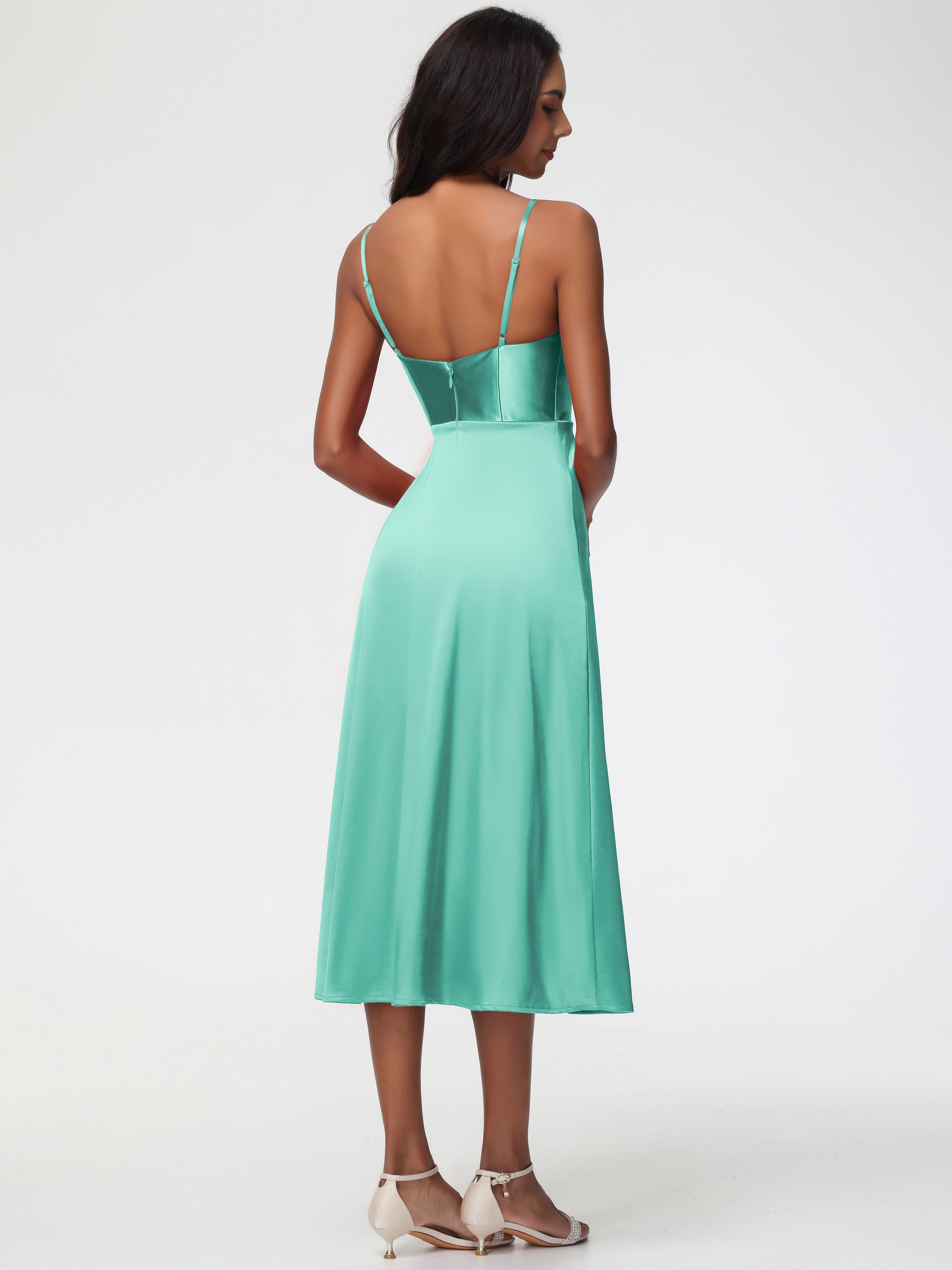 Robe Vert Menthe Demoiselle D Honneur Col V Bretelles Spaghetti Satin Extensible Robe De Demoiselle D'Honneur