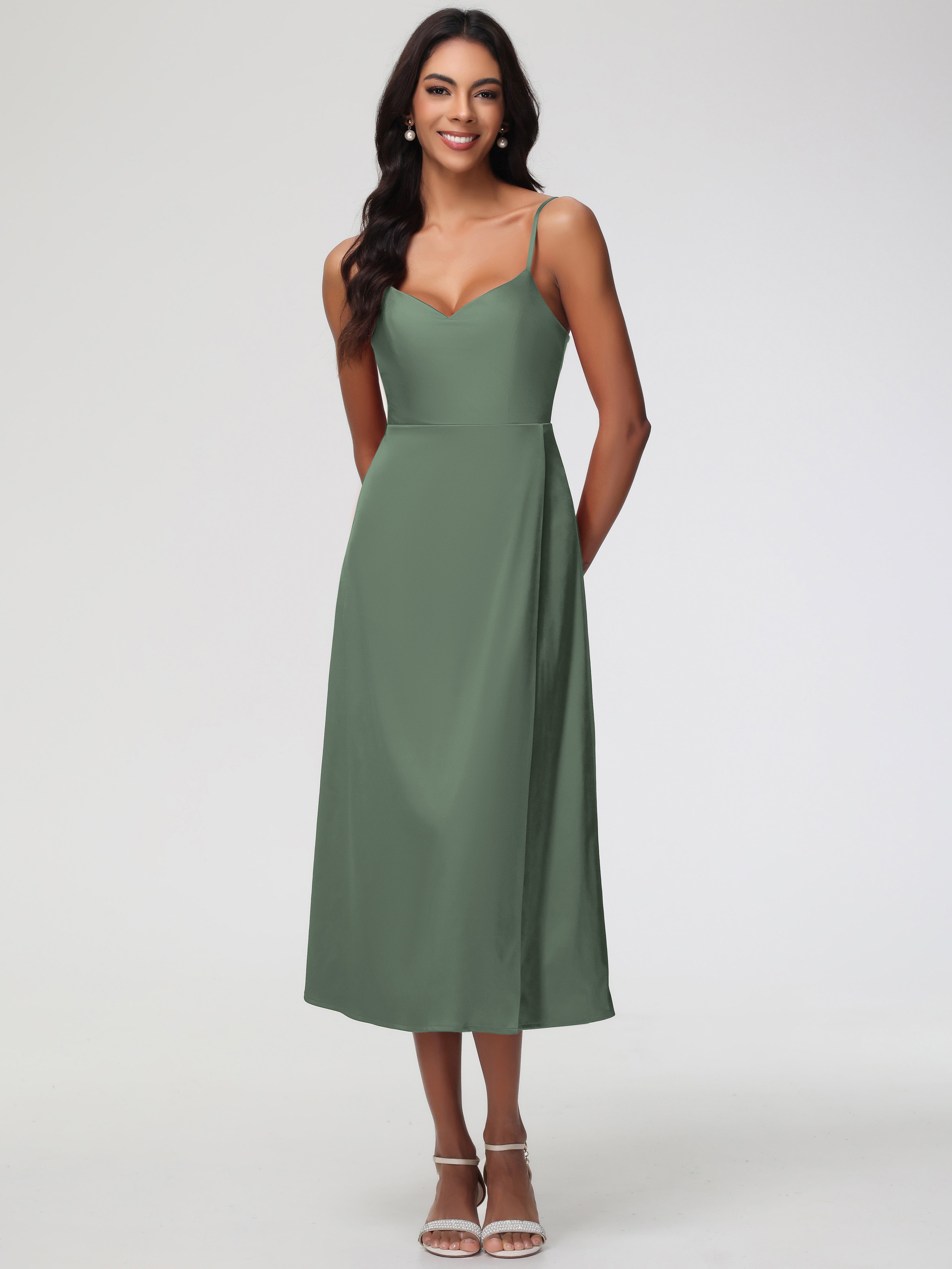Robe Demoiselle D Honneur Vert Olive Col V Bretelles Spaghetti Satin Extensible Robe De Demoiselle D'Honneur