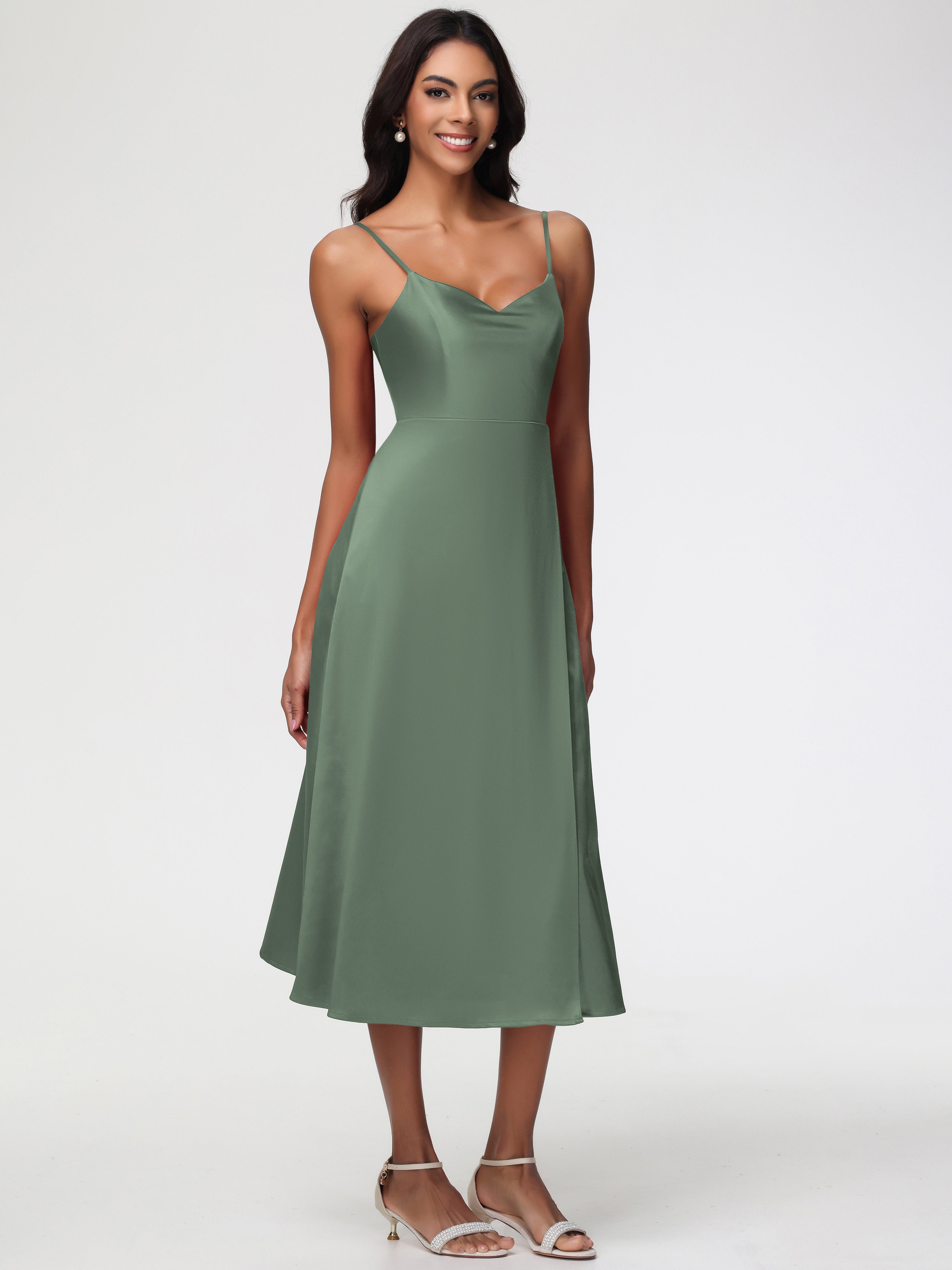 Robe Demoiselle D Honneur Vert Olive Col V Bretelles Spaghetti Satin Extensible Robe De Demoiselle D'Honneur
