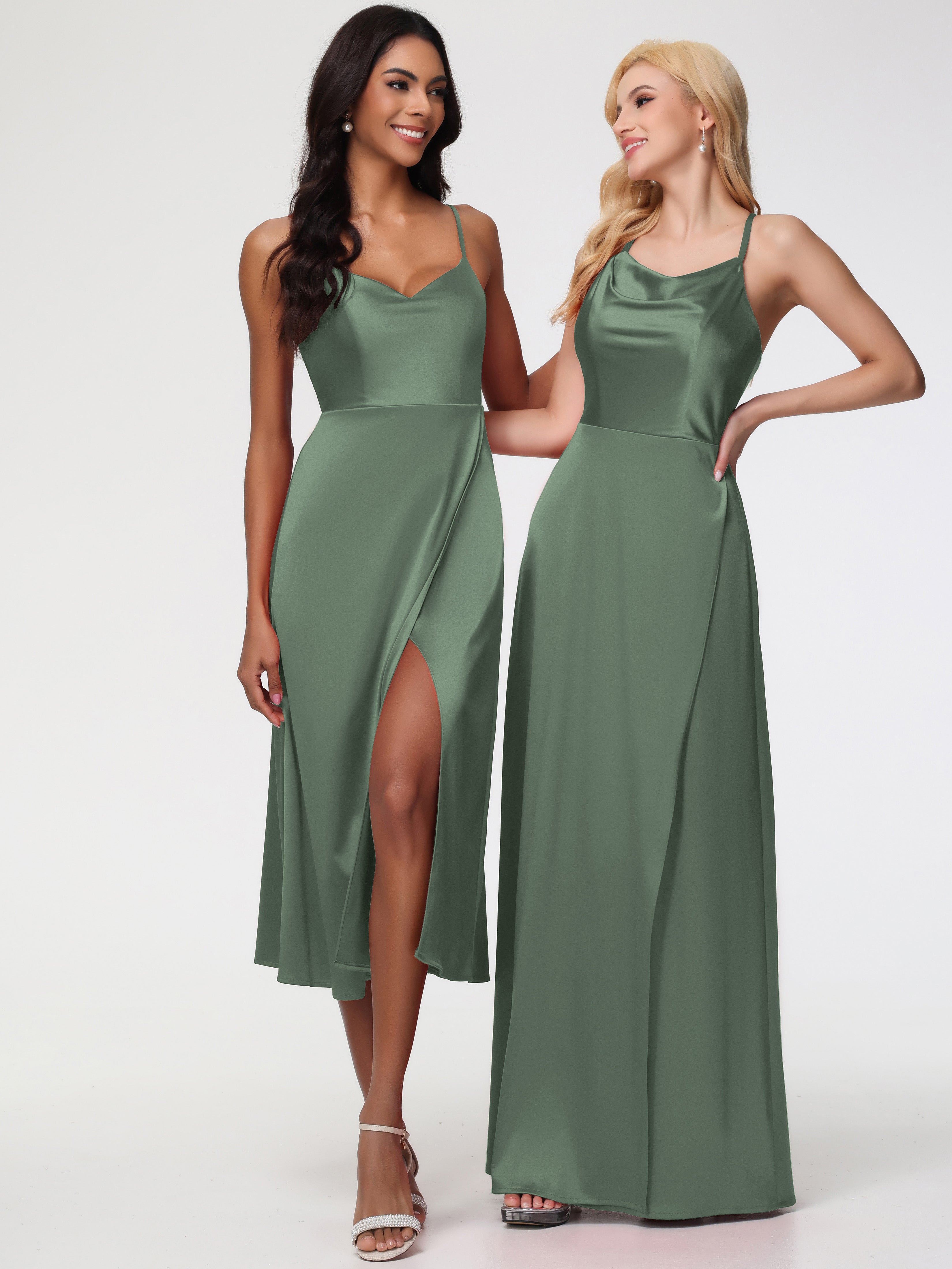 Robe Demoiselle D Honneur Vert Olive Col V Bretelles Spaghetti Satin Extensible Robe De Demoiselle D'Honneur