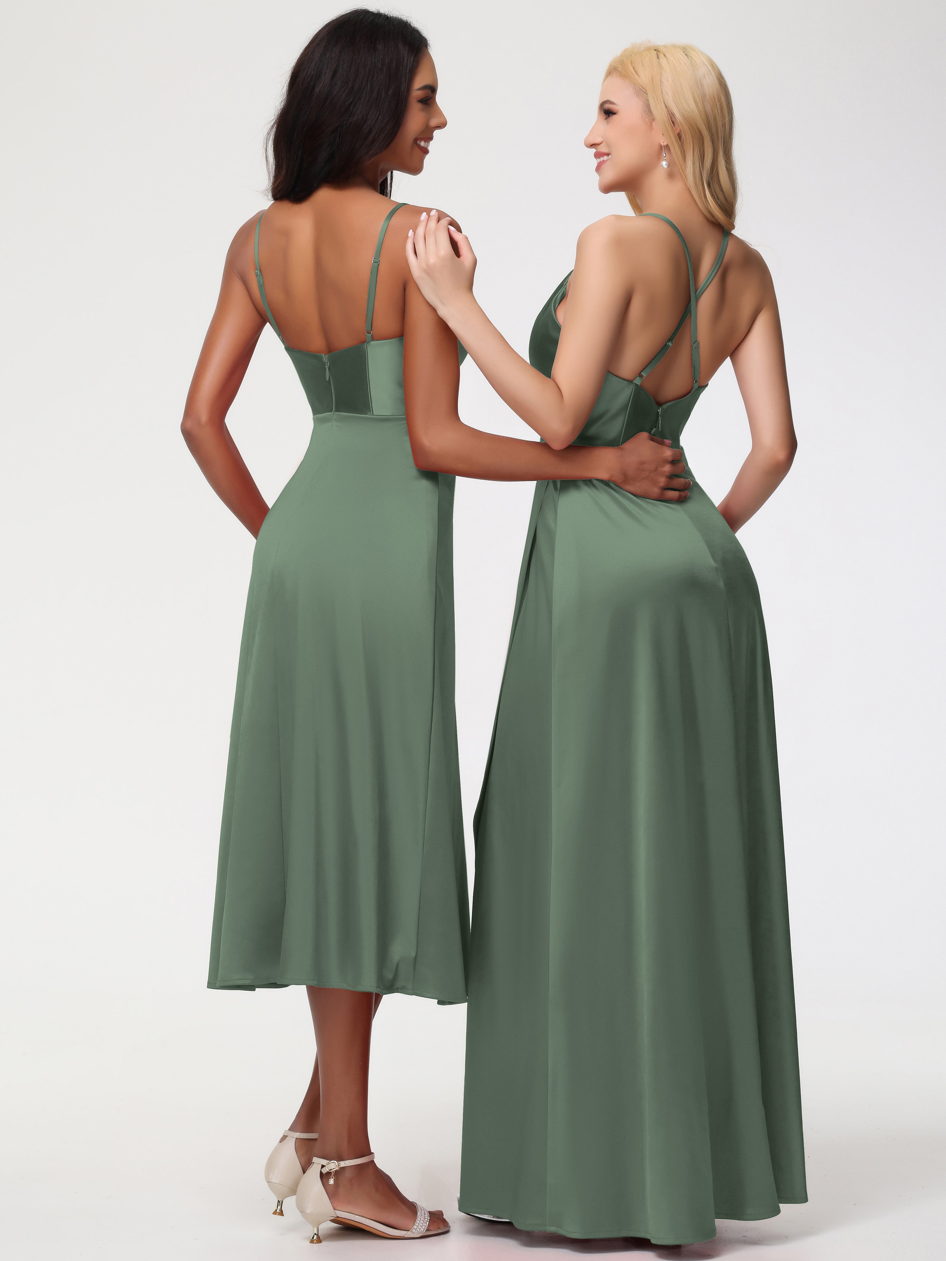 Robe Demoiselle D Honneur Vert Olive Col V Bretelles Spaghetti Satin Extensible Robe De Demoiselle D'Honneur