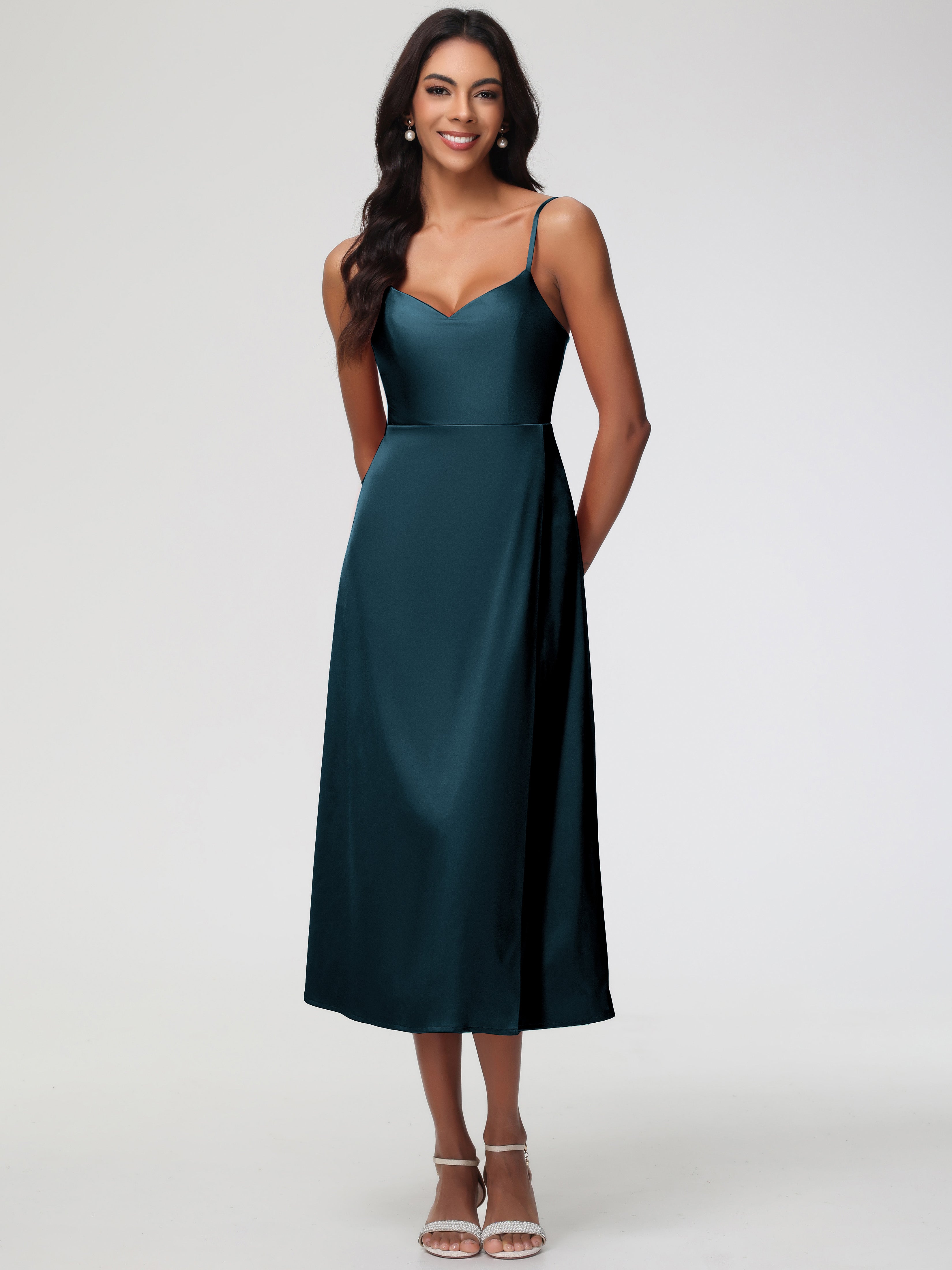 Robe Demoiselle D Honneur Bleu Paon Col V Bretelles Spaghetti Satin Extensible Robe De Demoiselle D'Honneur