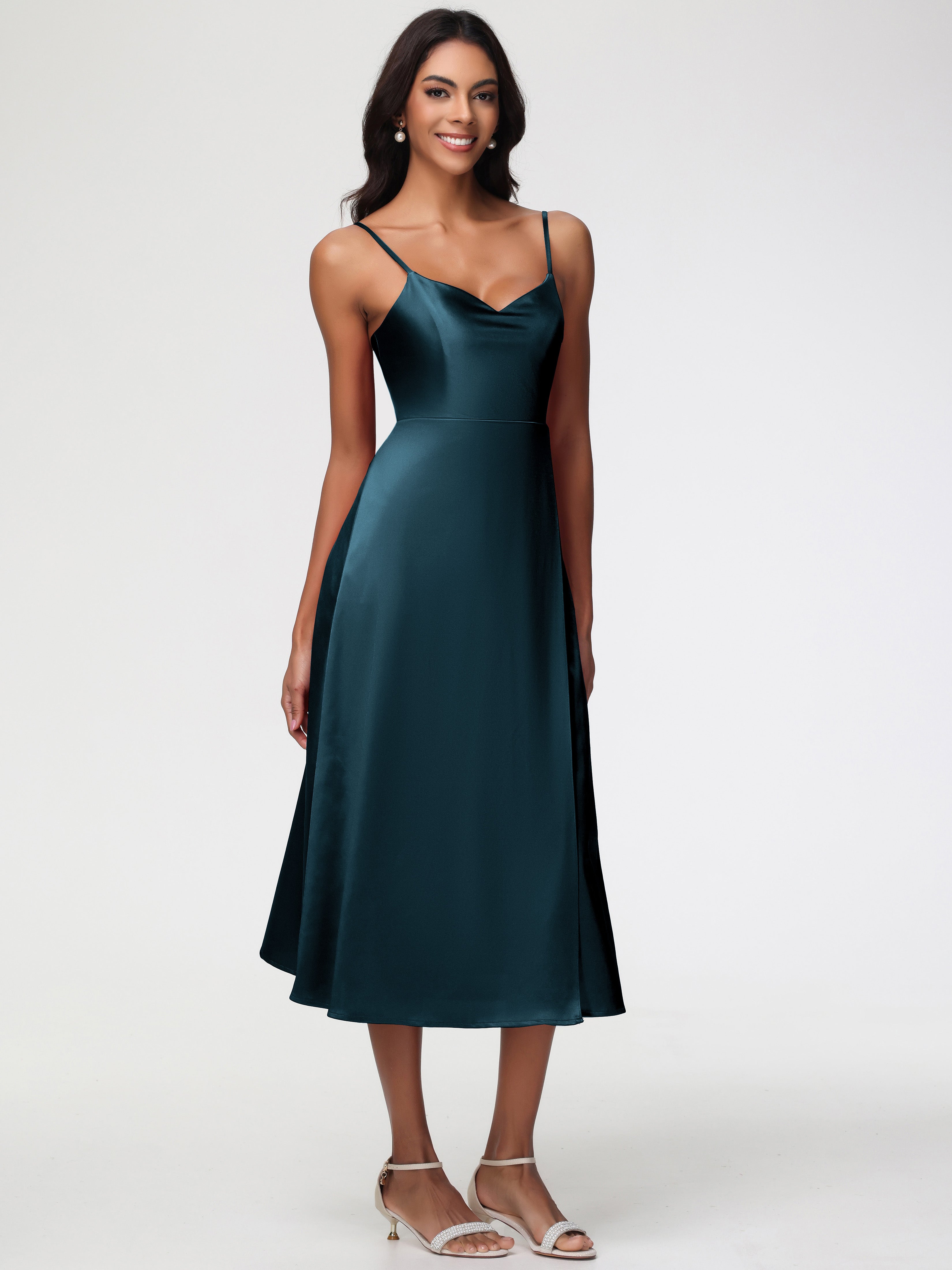Robe Demoiselle D Honneur Bleu Paon Col V Bretelles Spaghetti Satin Extensible Robe De Demoiselle D'Honneur