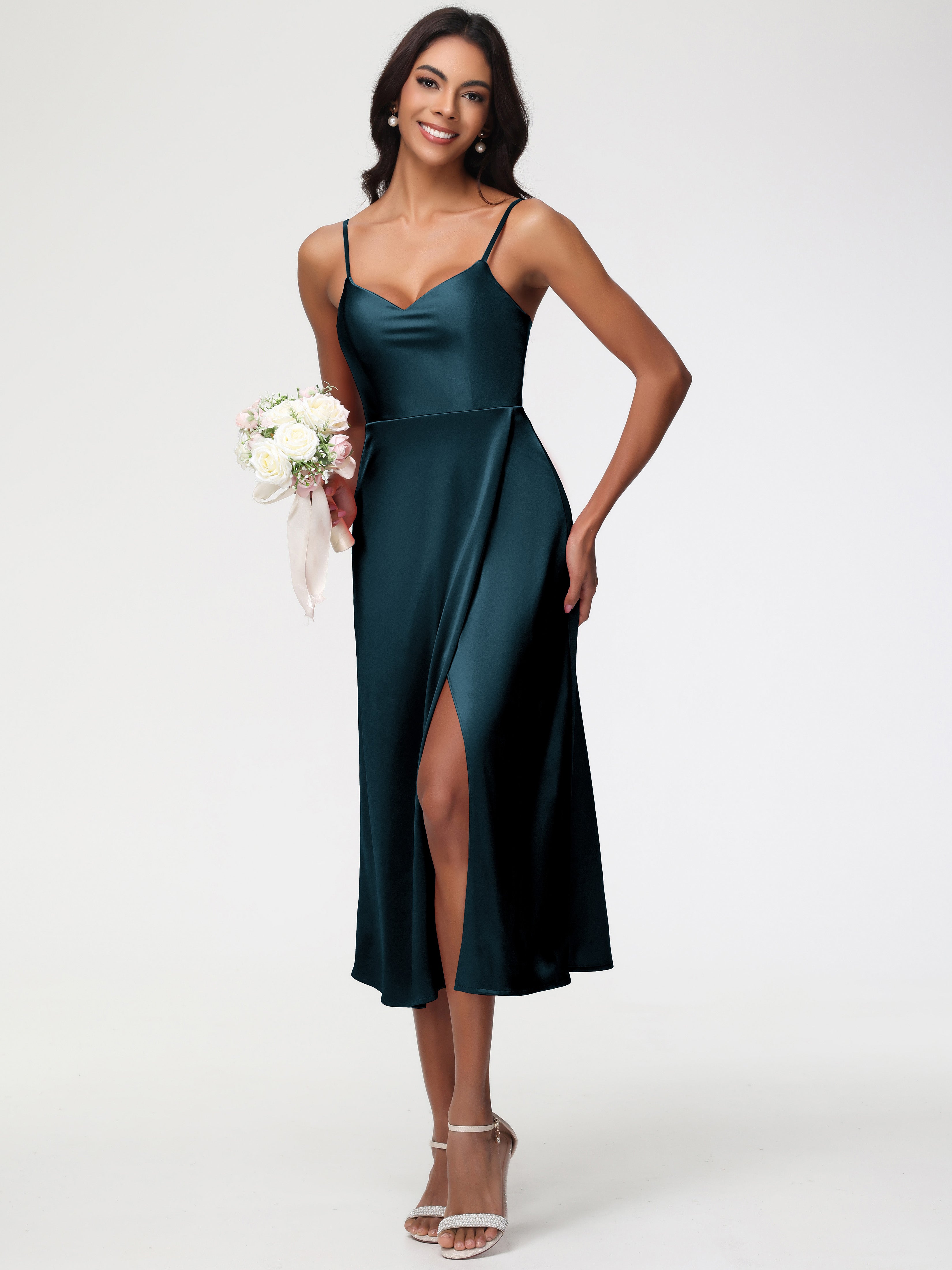 Robe Demoiselle D Honneur Bleu Paon Col V Bretelles Spaghetti Satin Extensible Robe De Demoiselle D'Honneur