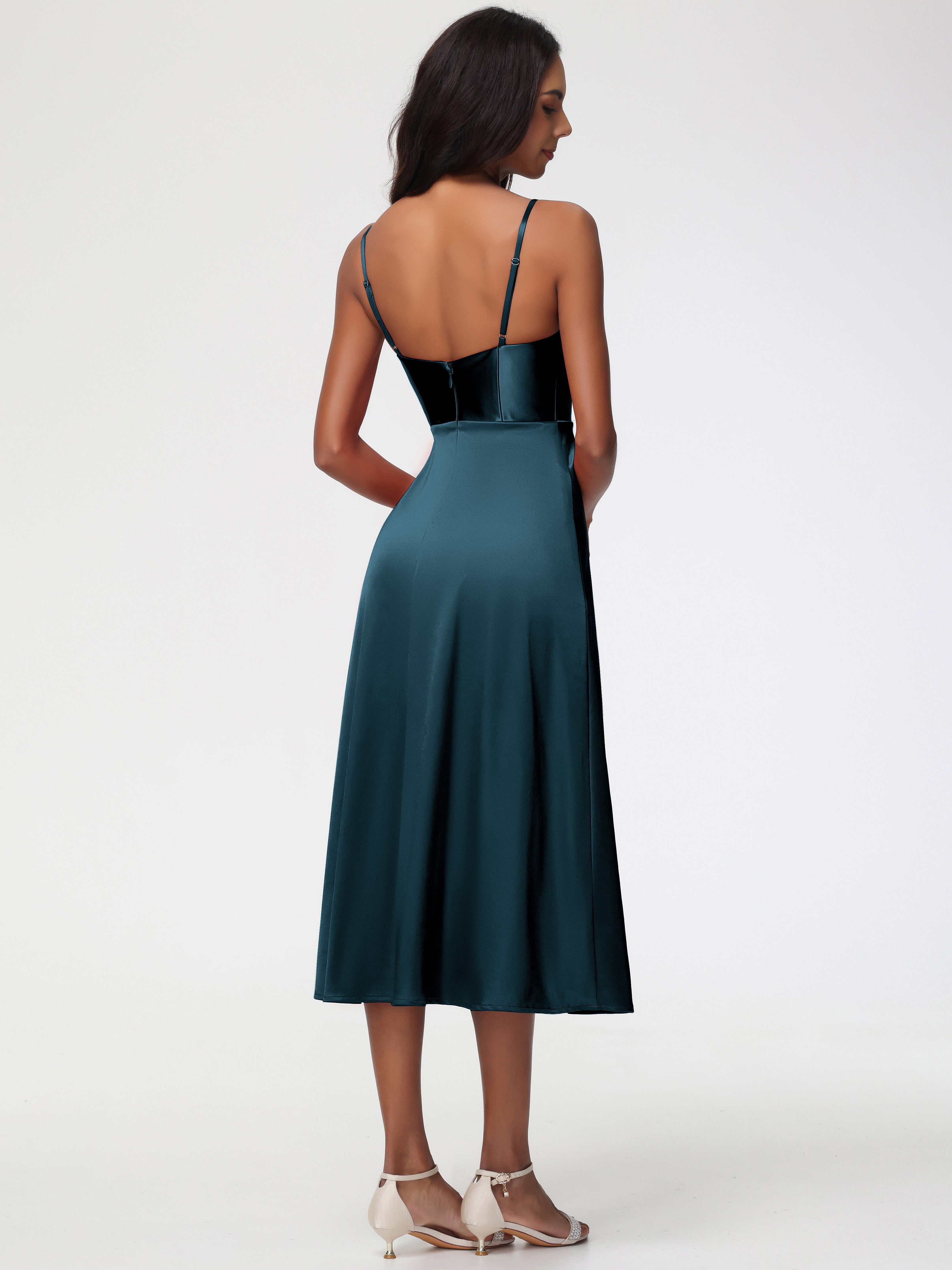 Robe Demoiselle D Honneur Bleu Paon Col V Bretelles Spaghetti Satin Extensible Robe De Demoiselle D'Honneur