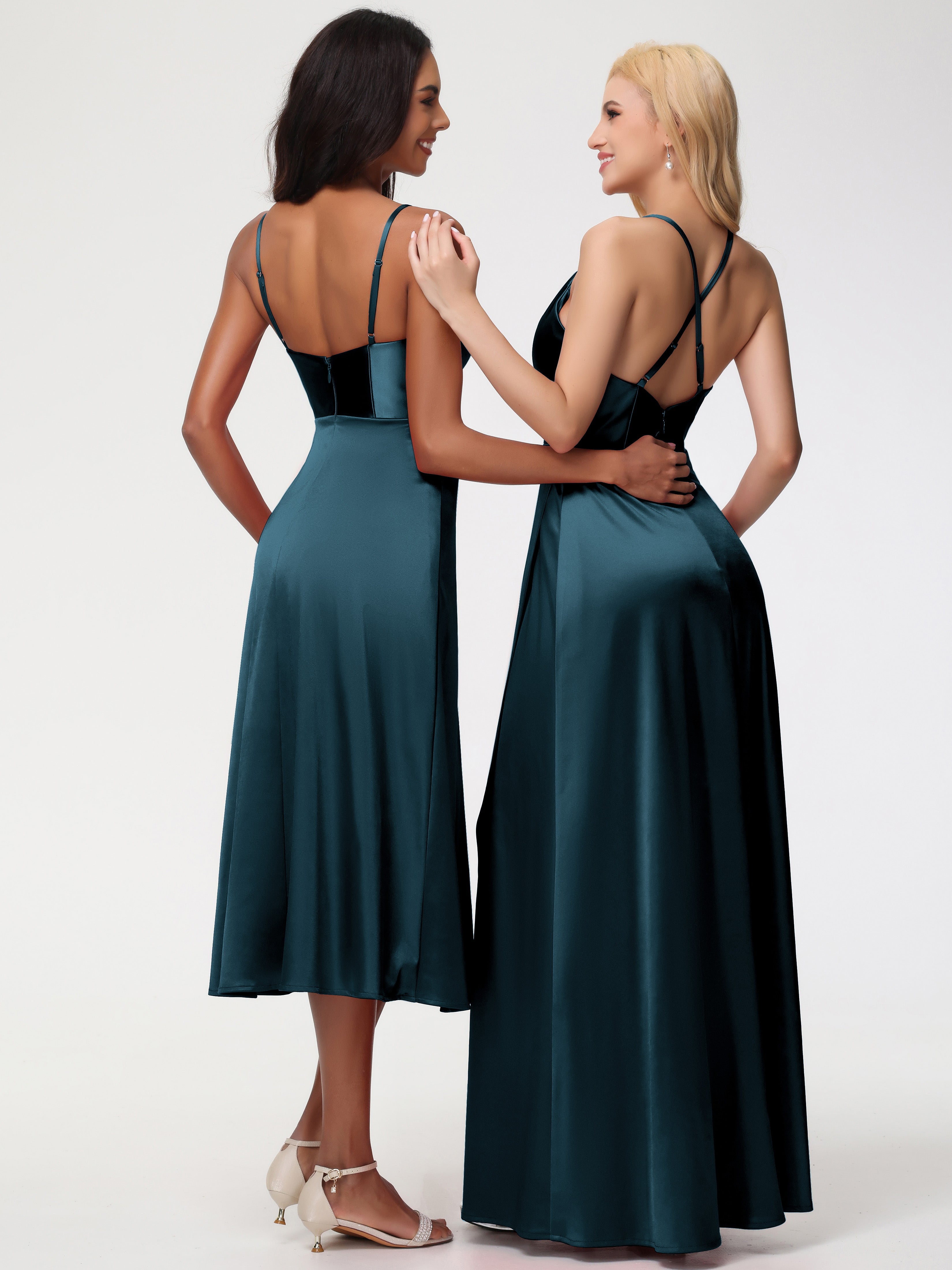 Robe Demoiselle D Honneur Bleu Paon Col V Bretelles Spaghetti Satin Extensible Robe De Demoiselle D'Honneur