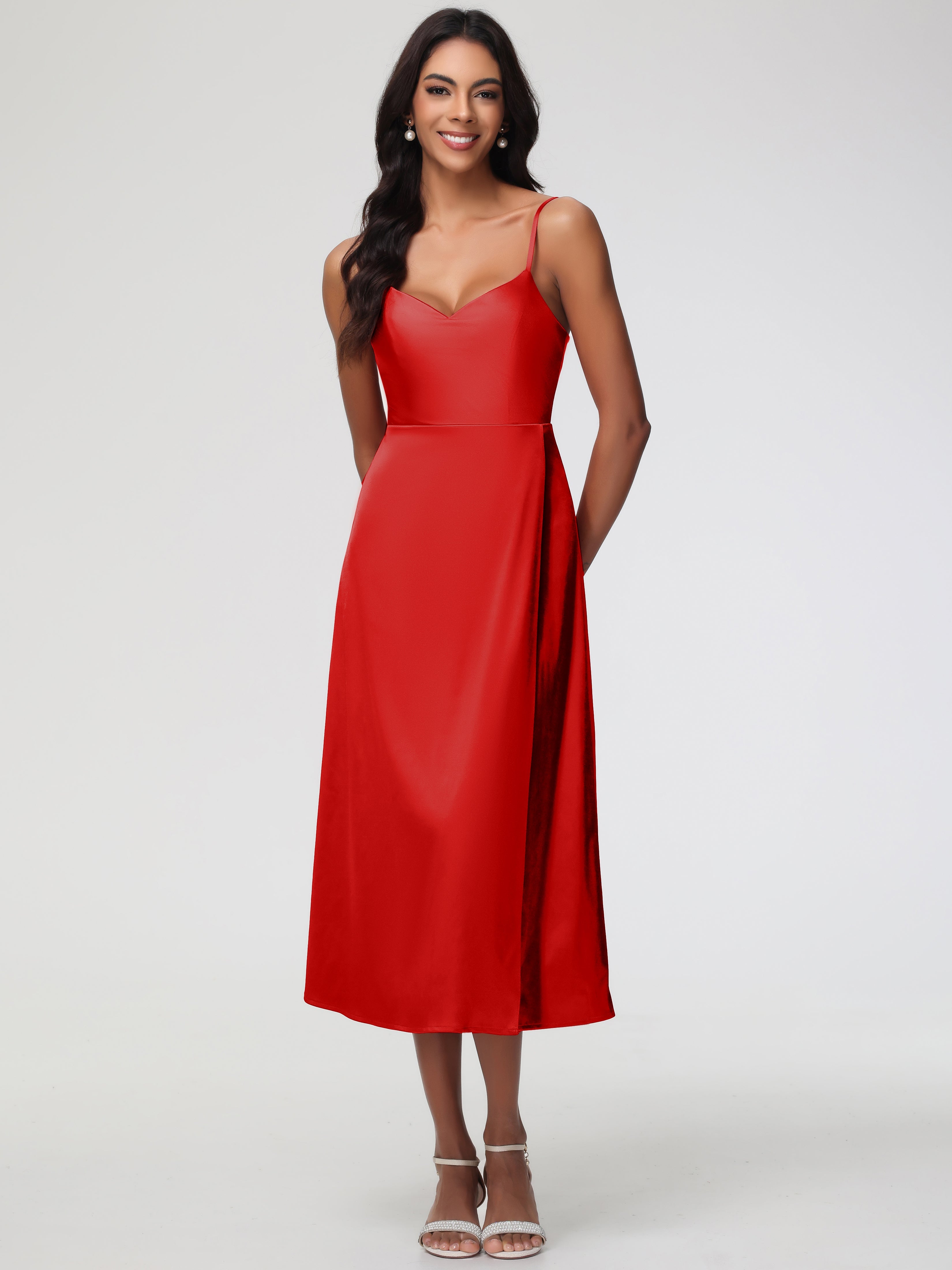 Mariage Robe Demoiselle D Honneur Rouge Col V Bretelles Spaghetti Satin Extensible Robe De Demoiselle D'Honneur