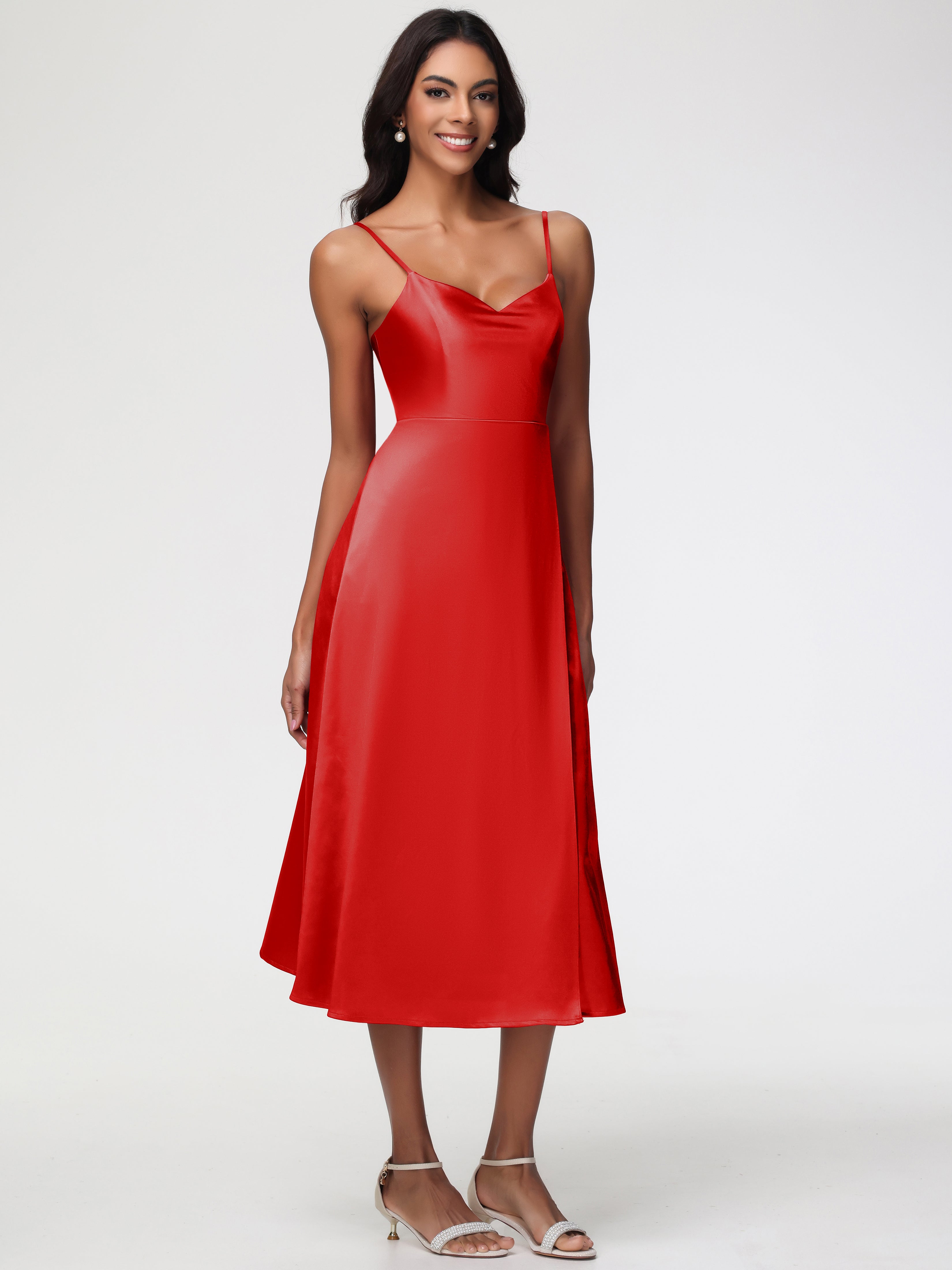 Mariage Robe Demoiselle D Honneur Rouge Col V Bretelles Spaghetti Satin Extensible Robe De Demoiselle D'Honneur