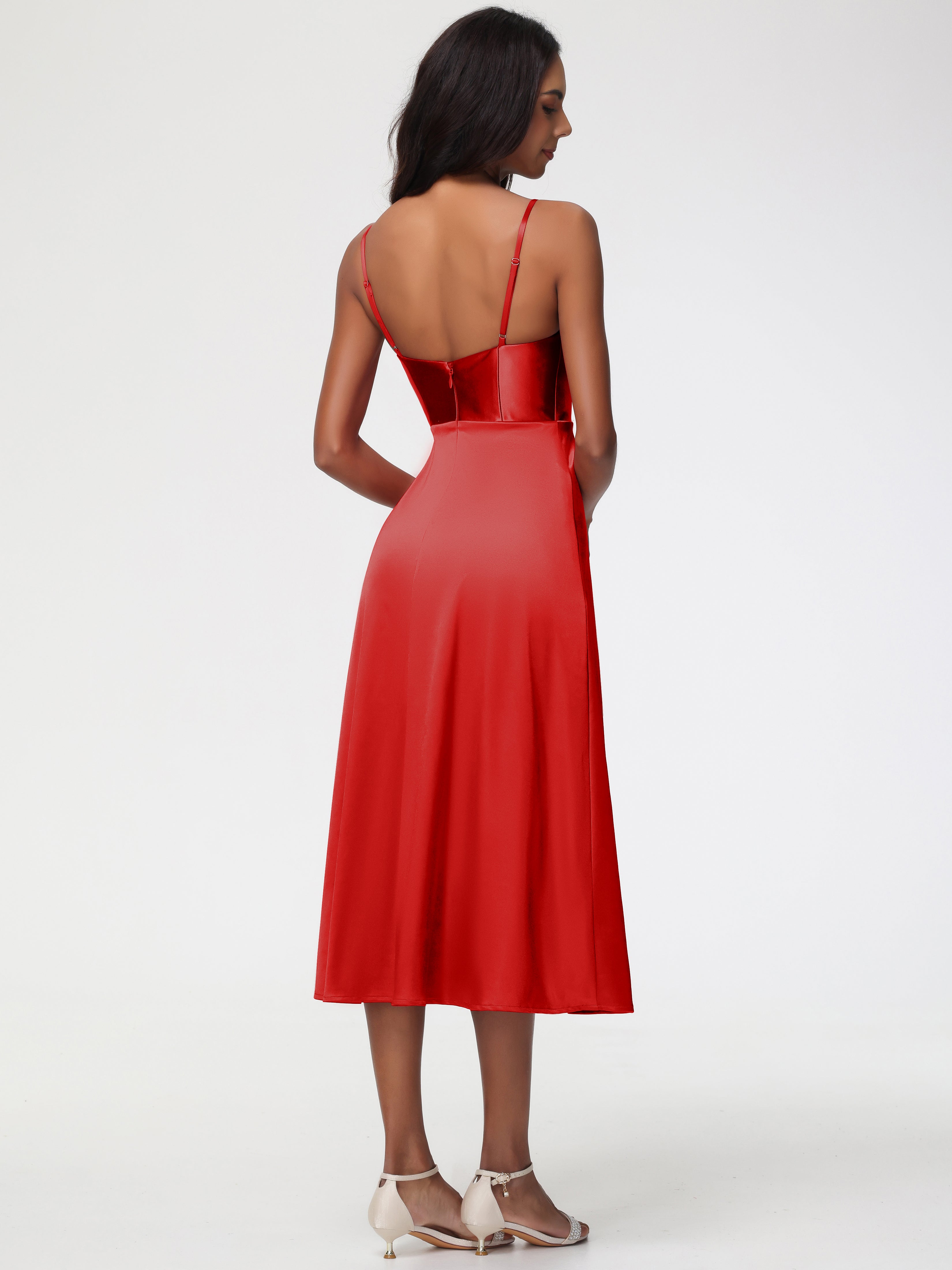 Mariage Robe Demoiselle D Honneur Rouge Col V Bretelles Spaghetti Satin Extensible Robe De Demoiselle D'Honneur