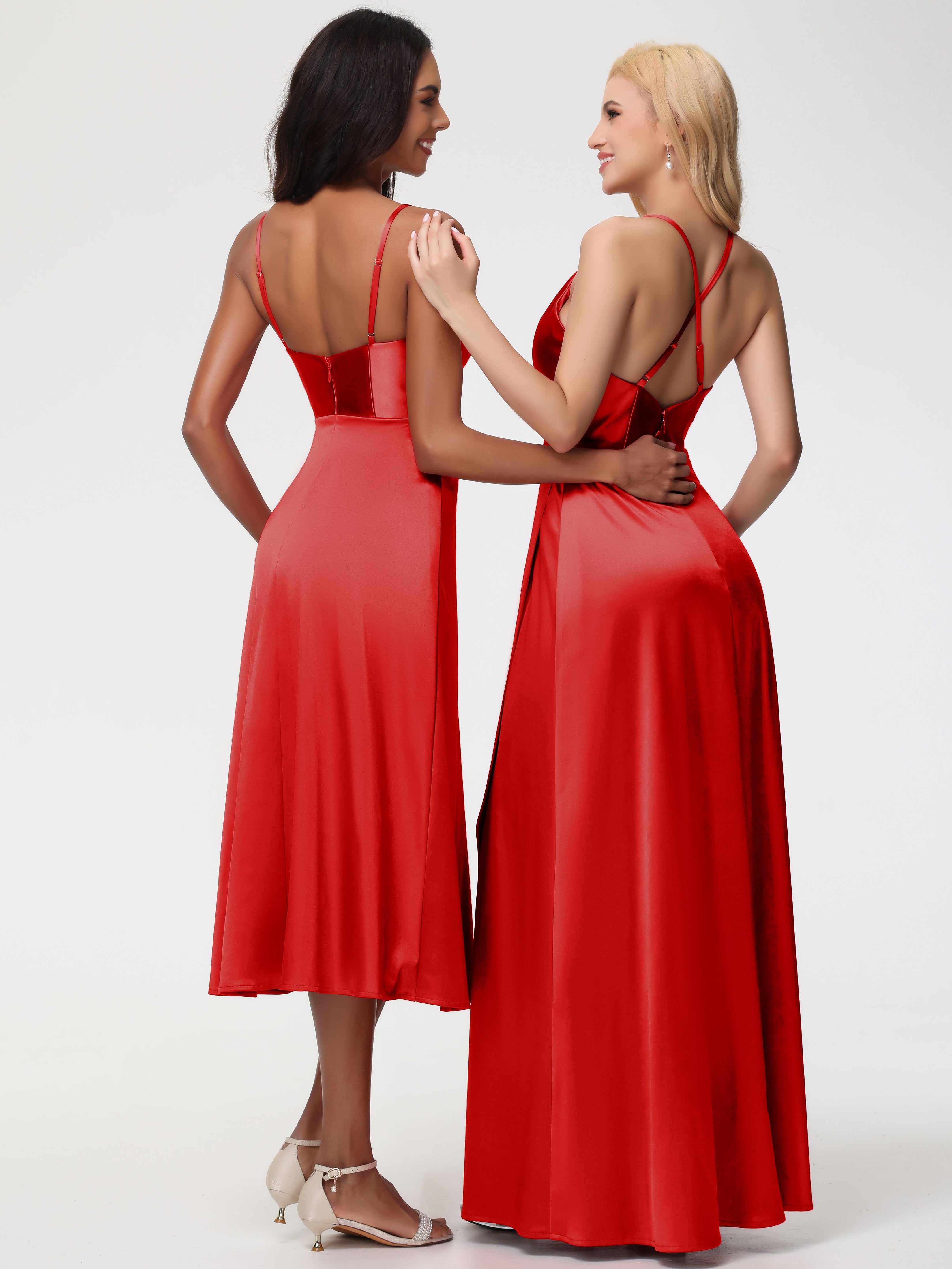 Mariage Robe Demoiselle D Honneur Rouge Col V Bretelles Spaghetti Satin Extensible Robe De Demoiselle D'Honneur