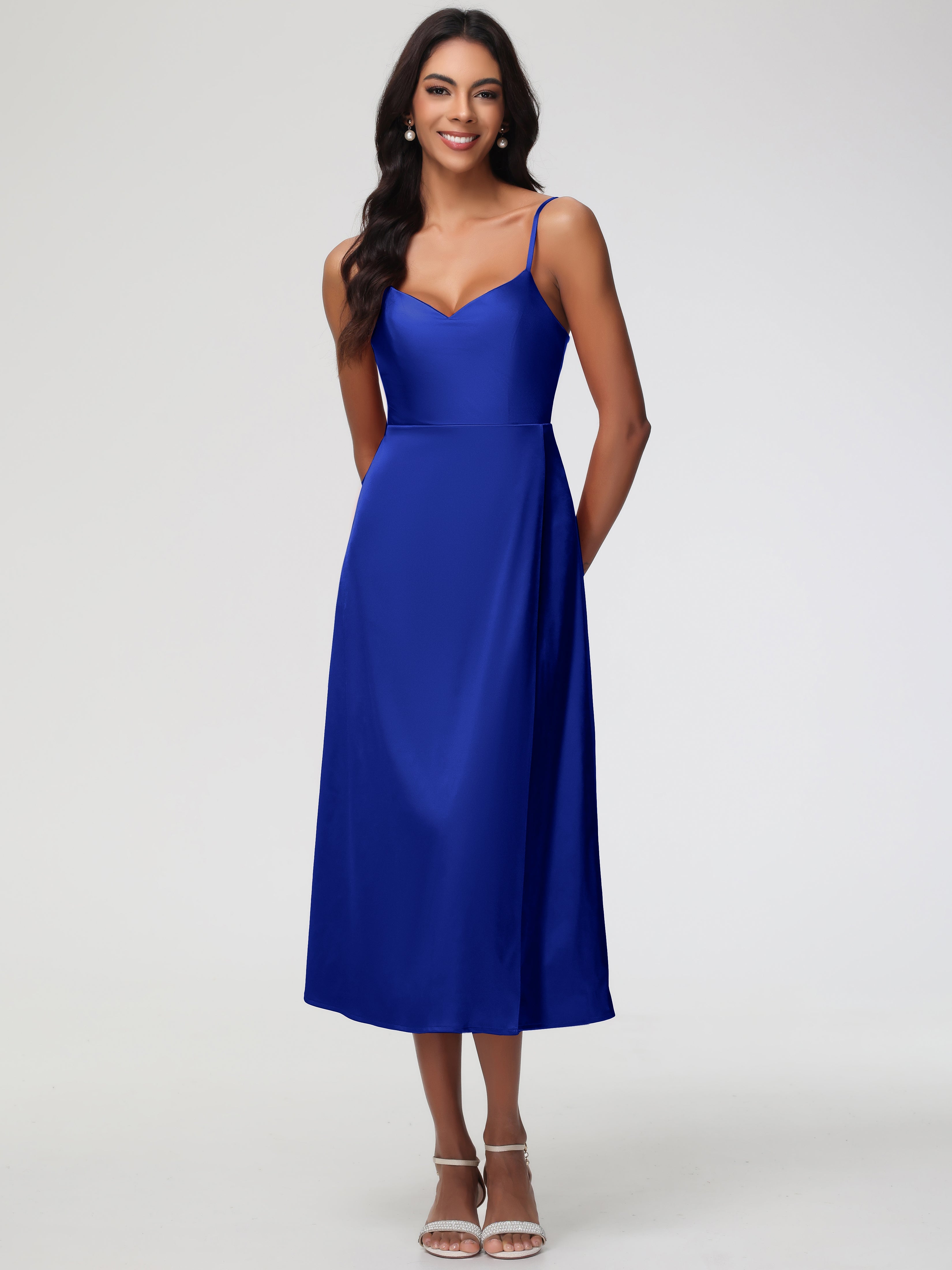 Robe De Demoiselle D Honneur Bleu Royal Col V Bretelles Spaghetti Satin Extensible Robe De Demoiselle D'Honneur