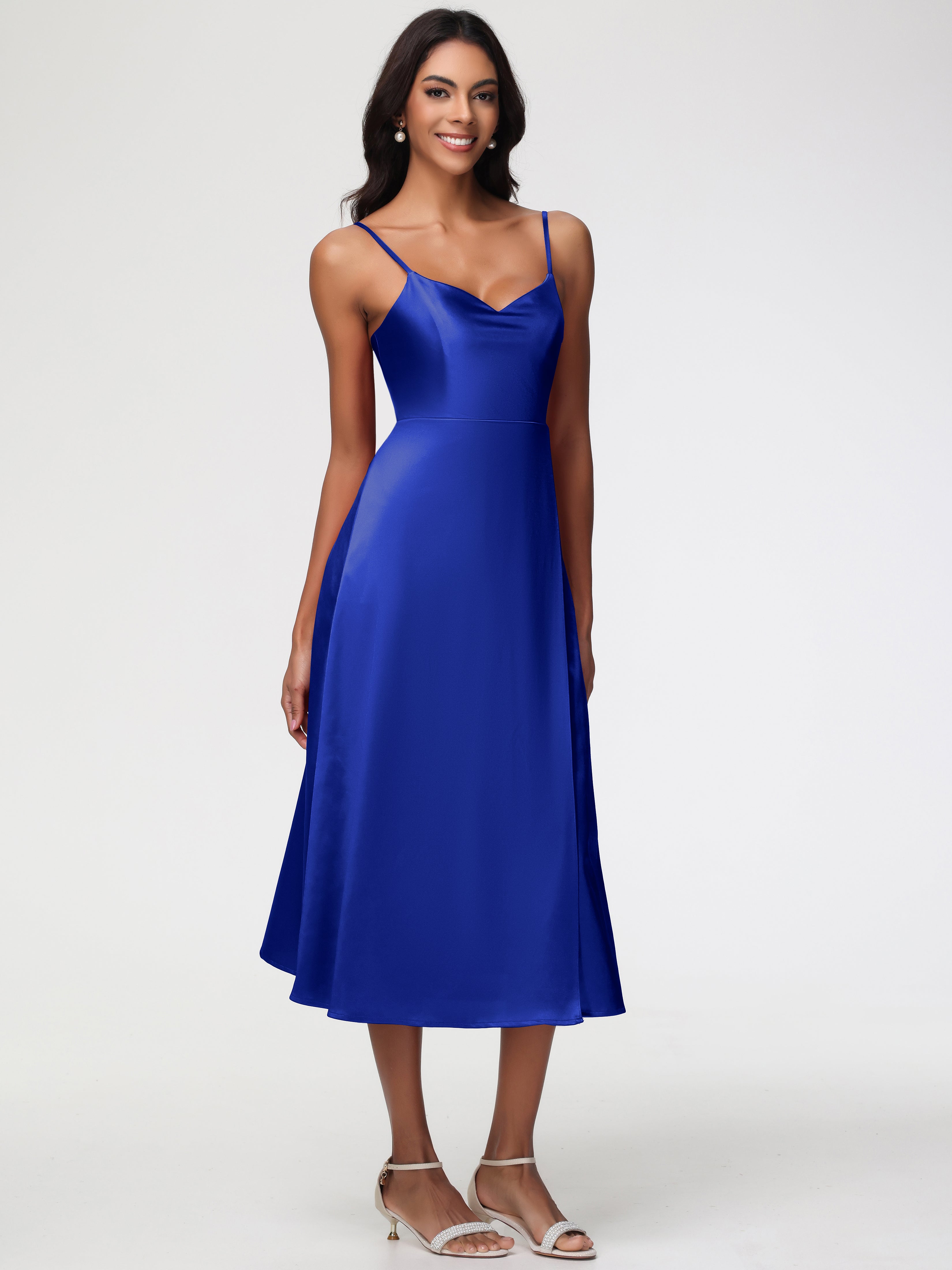 Robe De Demoiselle D Honneur Bleu Royal Col V Bretelles Spaghetti Satin Extensible Robe De Demoiselle D'Honneur