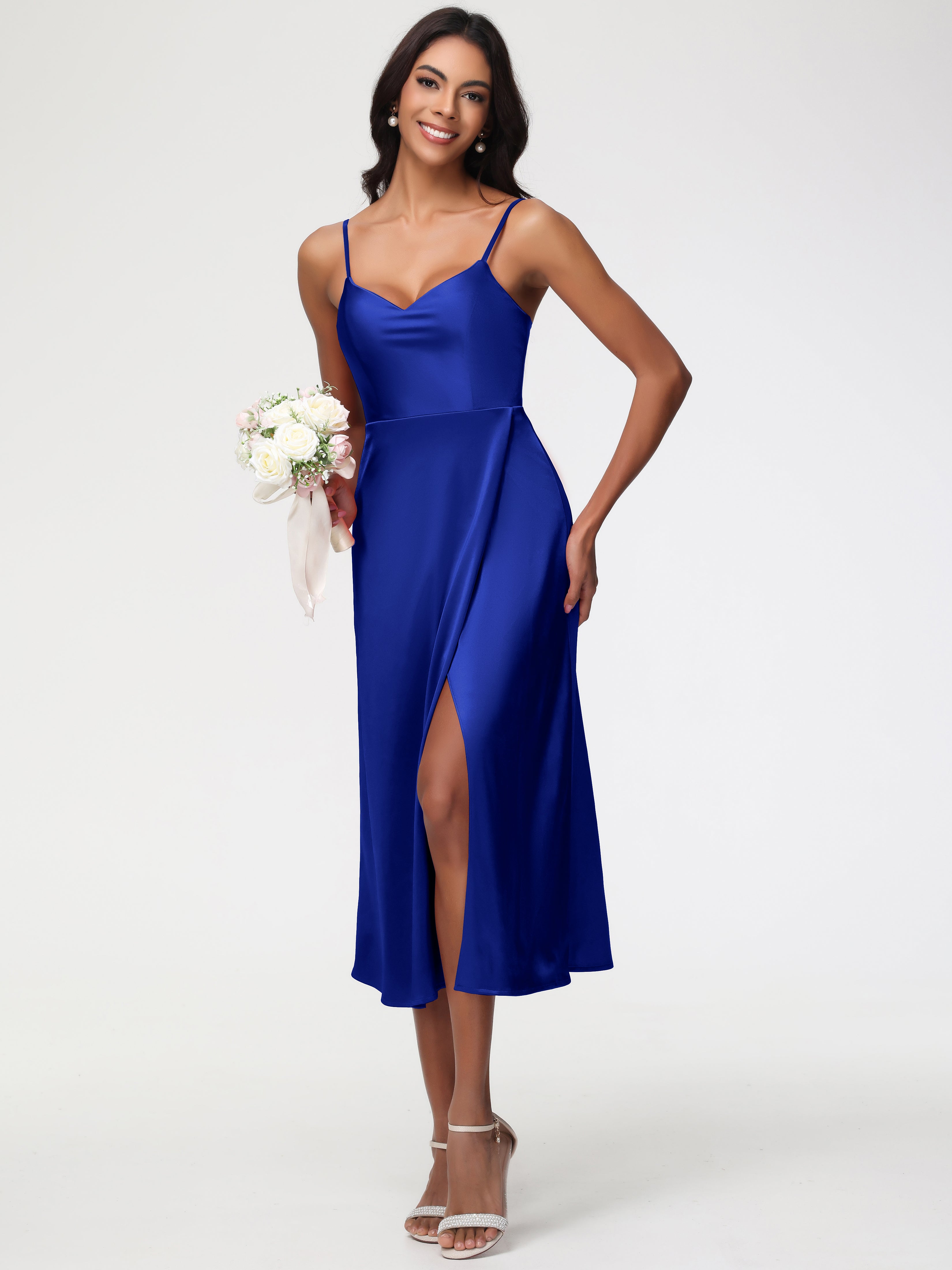 Robe De Demoiselle D Honneur Bleu Royal Col V Bretelles Spaghetti Satin Extensible Robe De Demoiselle D'Honneur