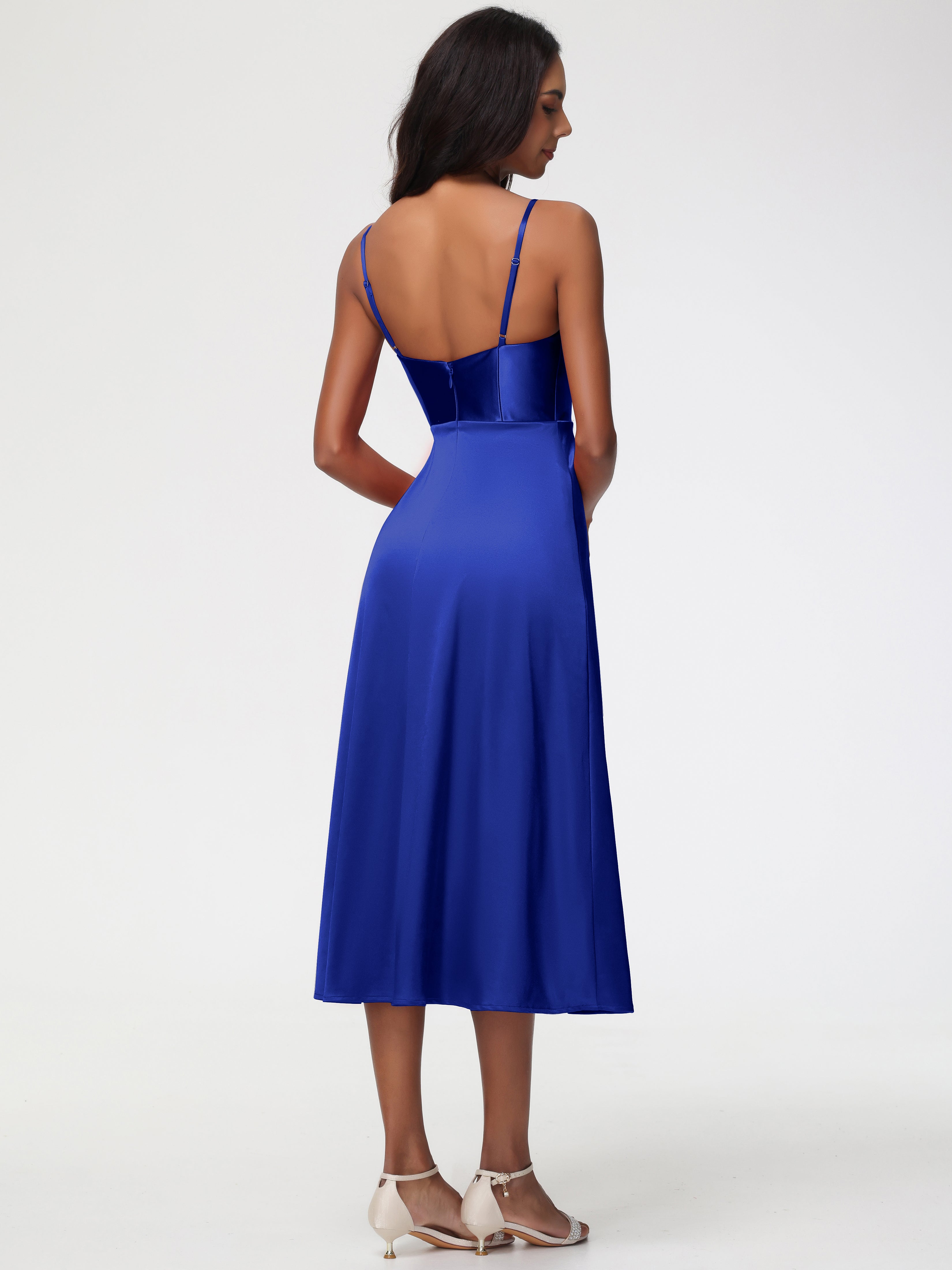 Robe De Demoiselle D Honneur Bleu Royal Col V Bretelles Spaghetti Satin Extensible Robe De Demoiselle D'Honneur