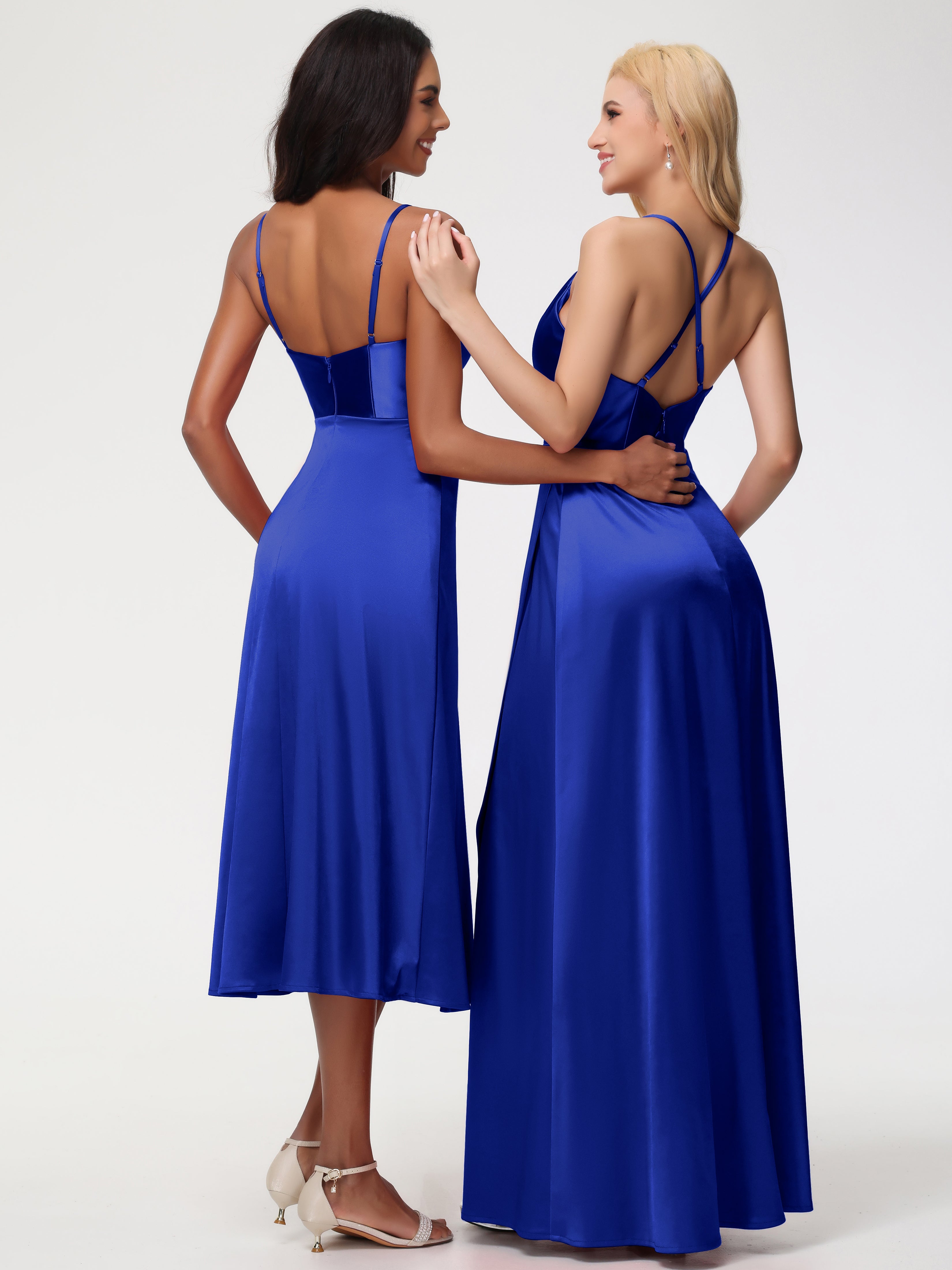 Robe De Demoiselle D Honneur Bleu Royal Col V Bretelles Spaghetti Satin Extensible Robe De Demoiselle D'Honneur