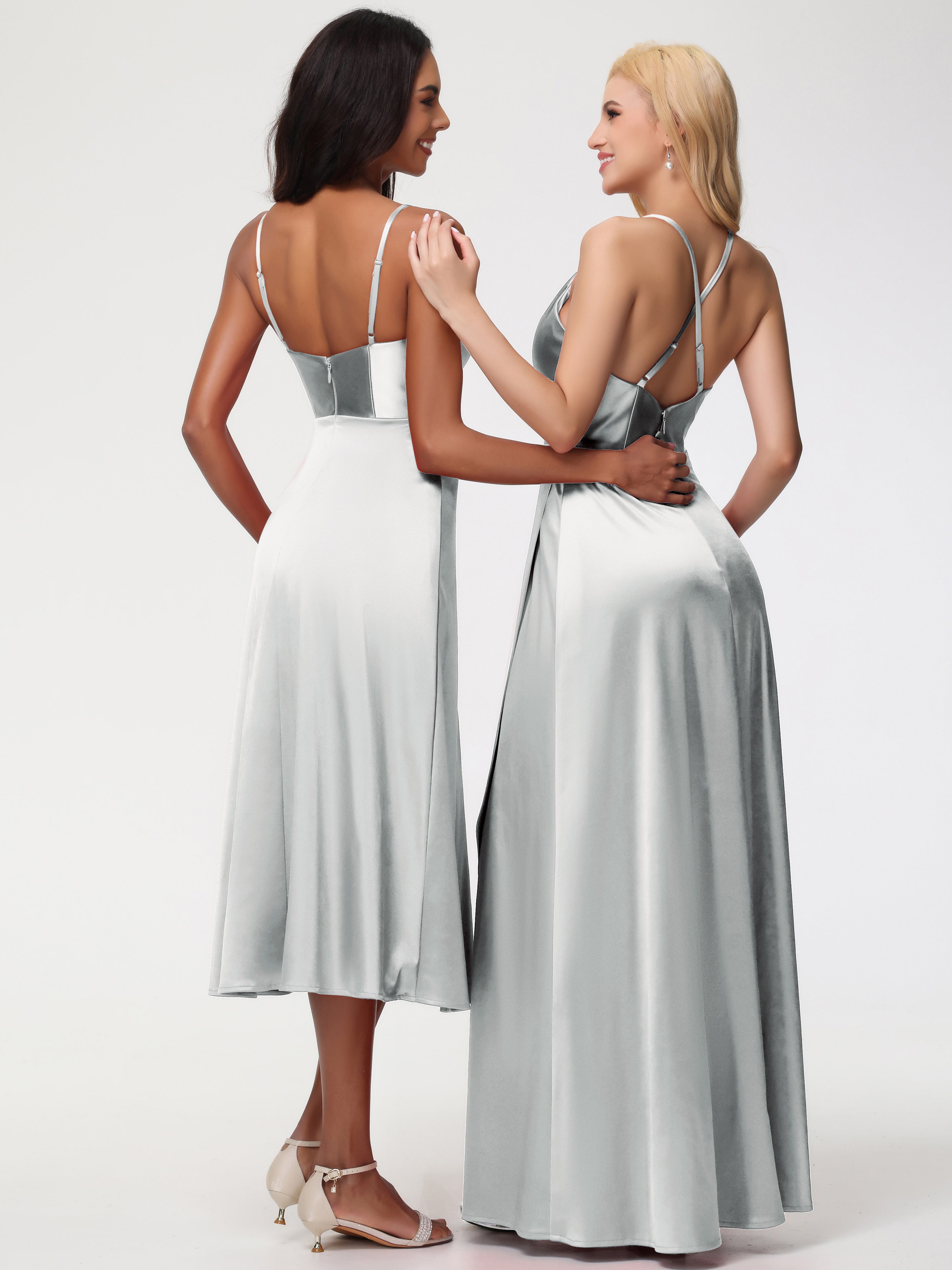 Robe Argentée Demoiselle D Honneur Col V Bretelles Spaghetti Satin Extensible Robe De Demoiselle D'Honneur