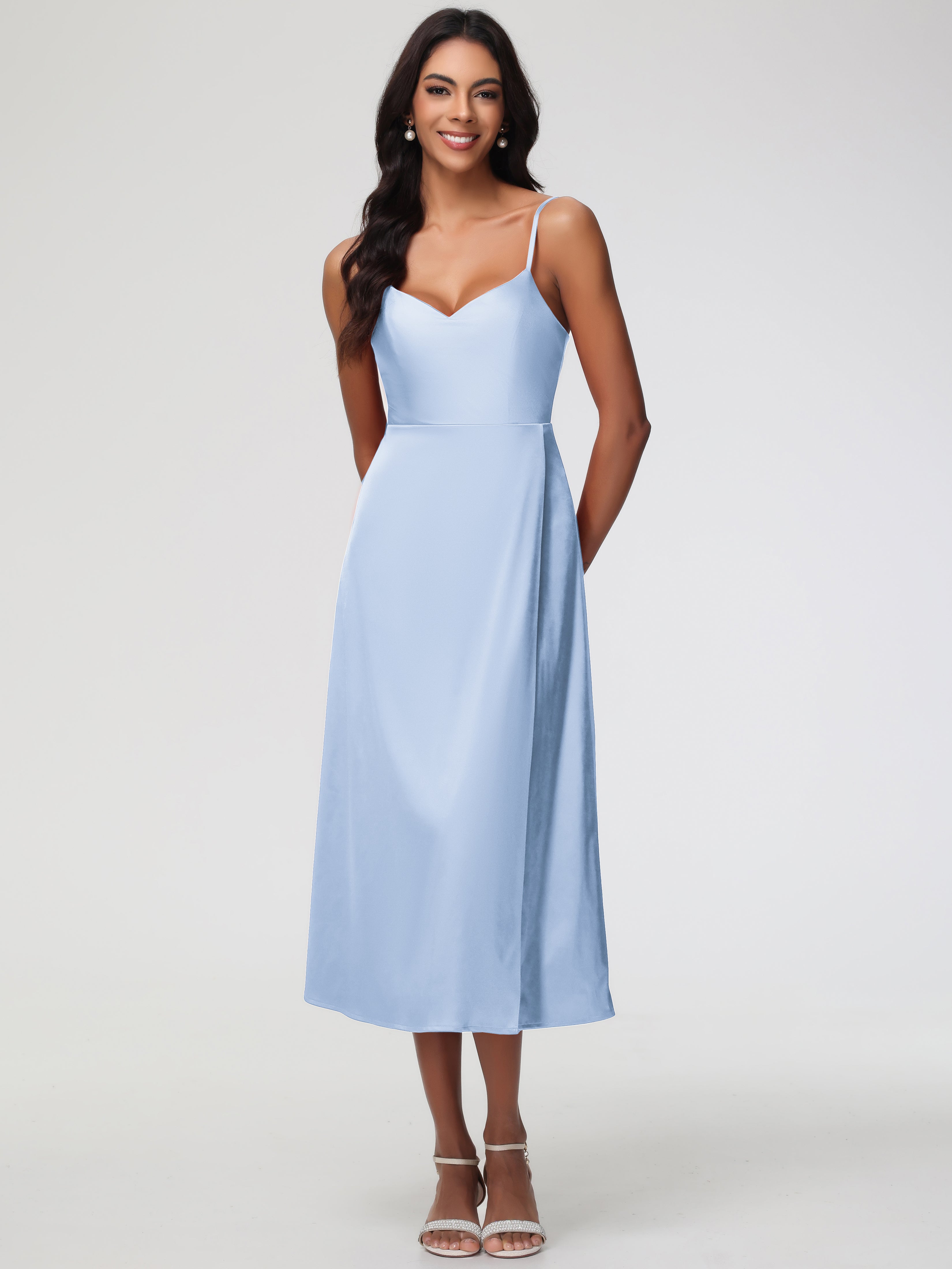 Robe Bleu Ciel Demoiselle D Honneur Col V Bretelles Spaghetti Satin Extensible Robe De Demoiselle D'Honneur