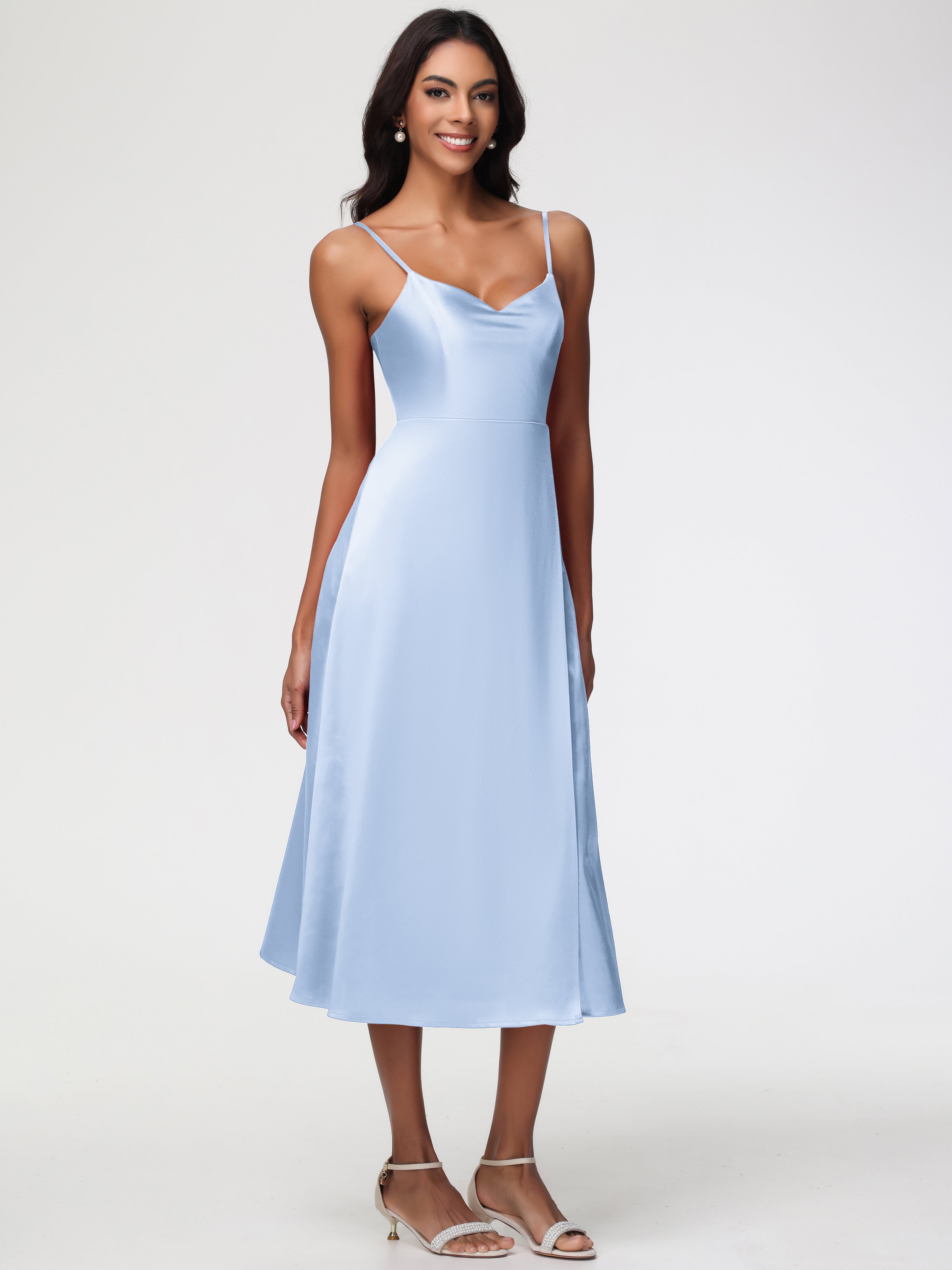 Robe Bleu Ciel Demoiselle D Honneur Col V Bretelles Spaghetti Satin Extensible Robe De Demoiselle D'Honneur
