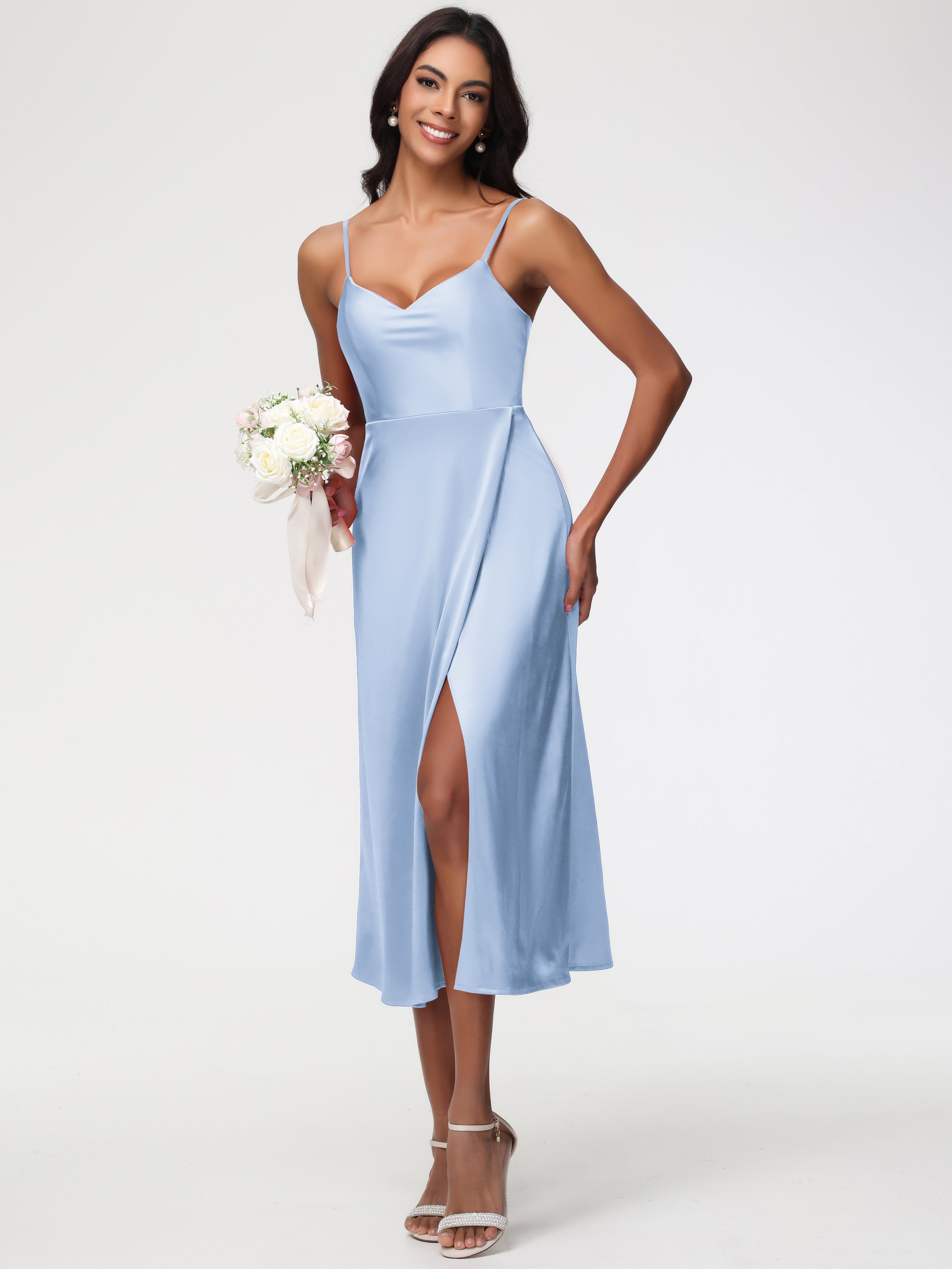 Robe Bleu Ciel Demoiselle D Honneur Col V Bretelles Spaghetti Satin Extensible Robe De Demoiselle D'Honneur