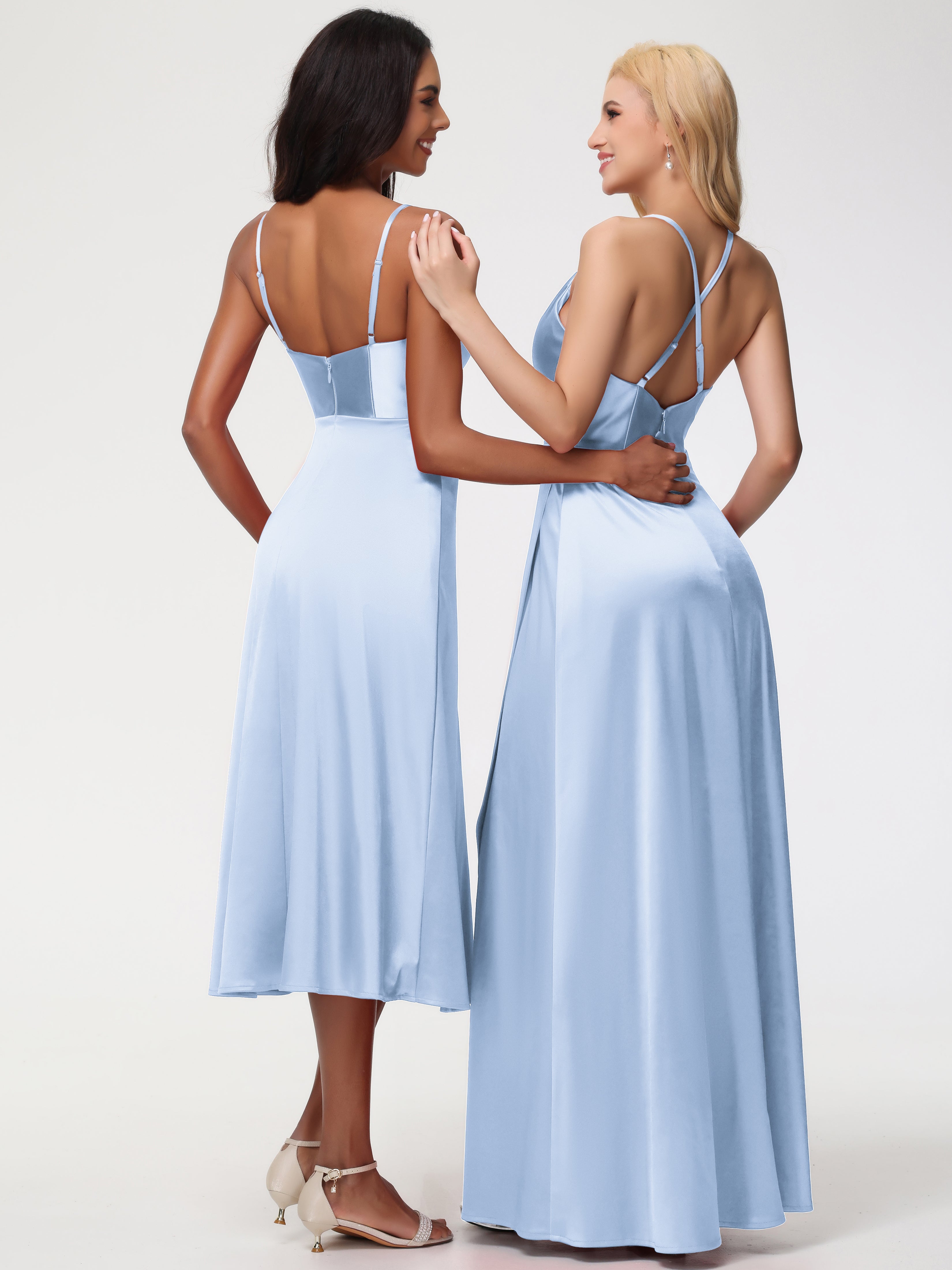 Robe Bleu Ciel Demoiselle D Honneur Col V Bretelles Spaghetti Satin Extensible Robe De Demoiselle D'Honneur