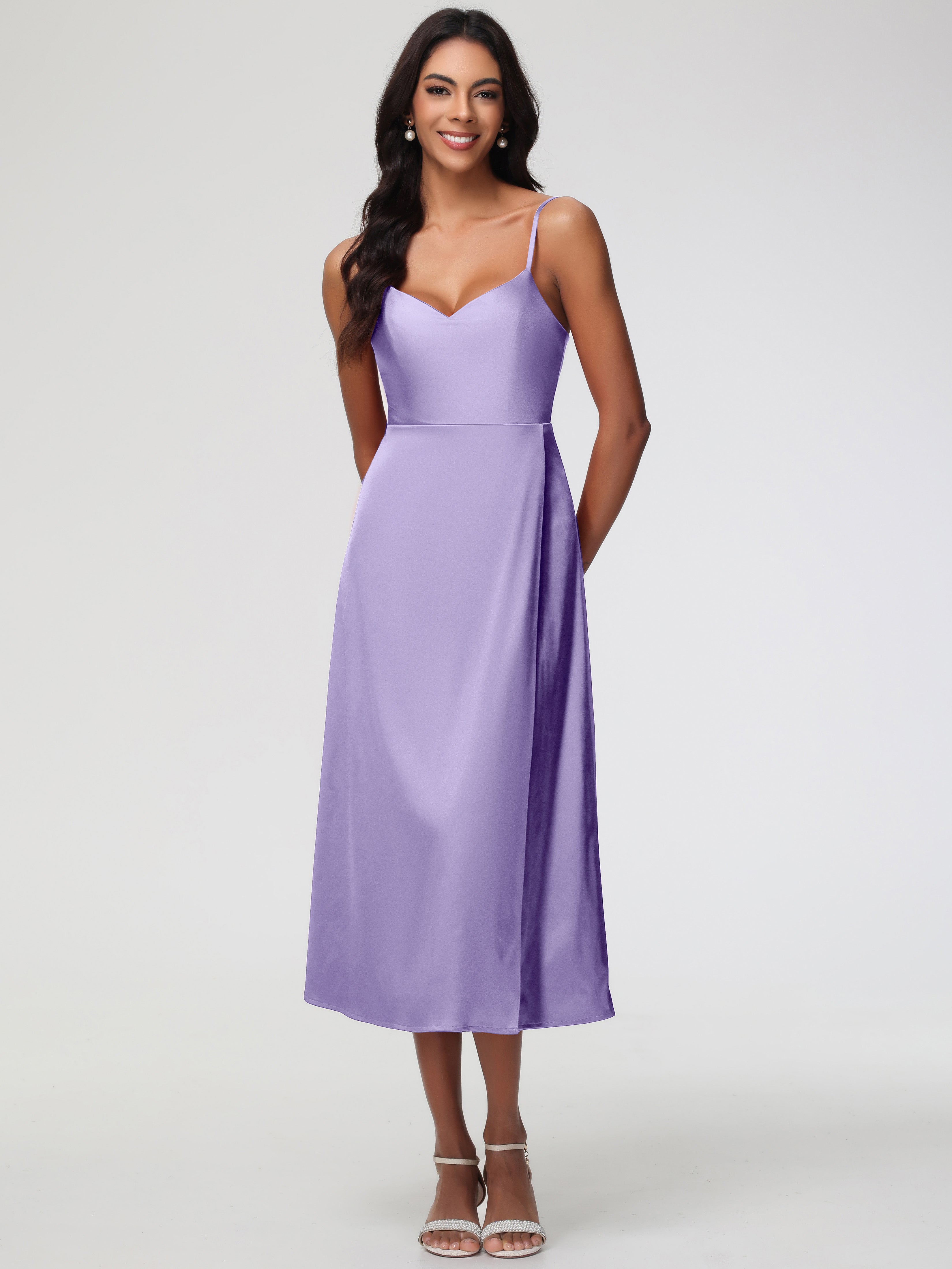 Robes De Demoiselle D'Honneur Tahiti Col V Bretelles Spaghetti Satin Extensible Robe De Demoiselle D'Honneur