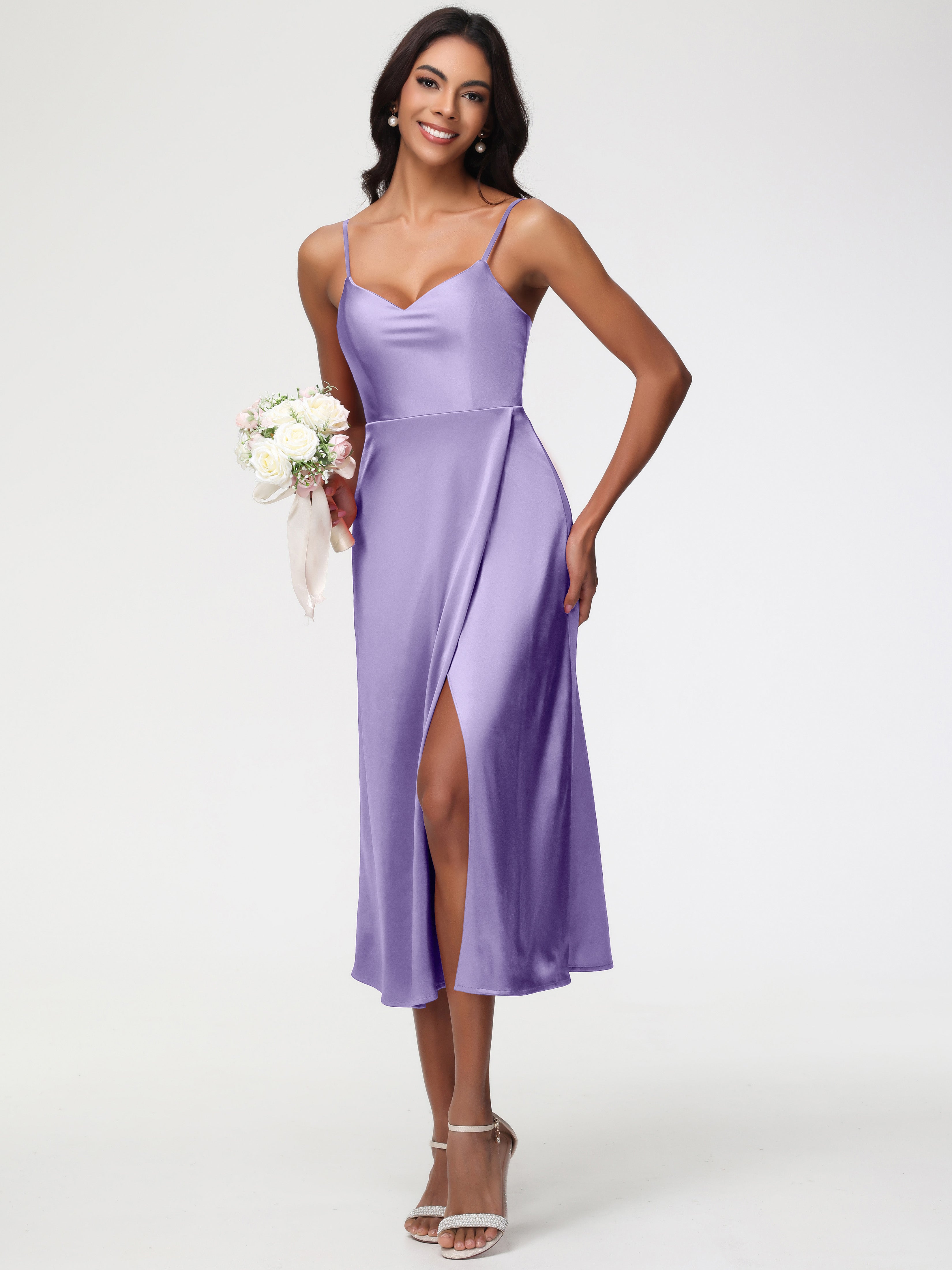 Robes De Demoiselle D'Honneur Tahiti Col V Bretelles Spaghetti Satin Extensible Robe De Demoiselle D'Honneur