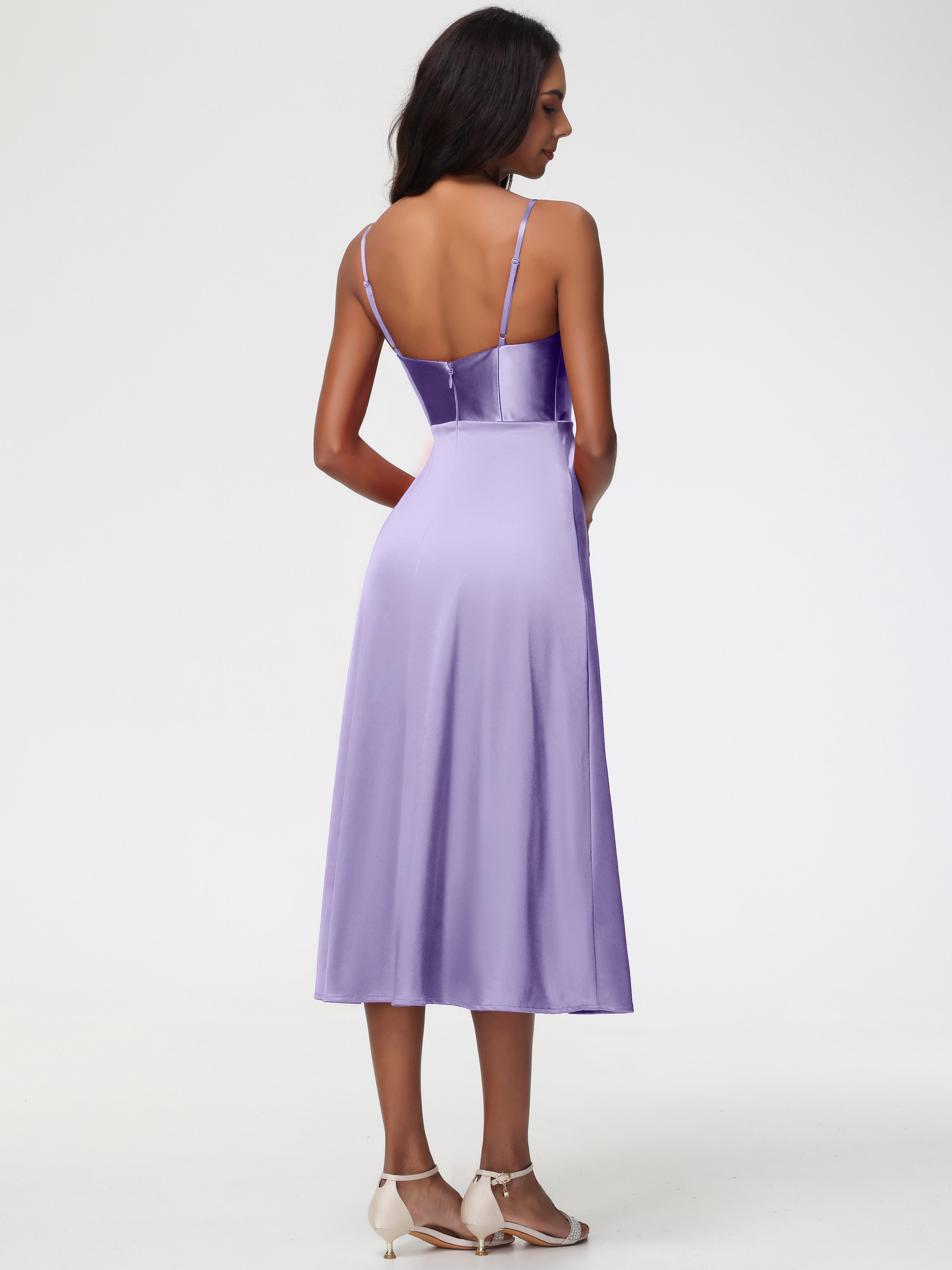 Robes De Demoiselle D'Honneur Tahiti Col V Bretelles Spaghetti Satin Extensible Robe De Demoiselle D'Honneur