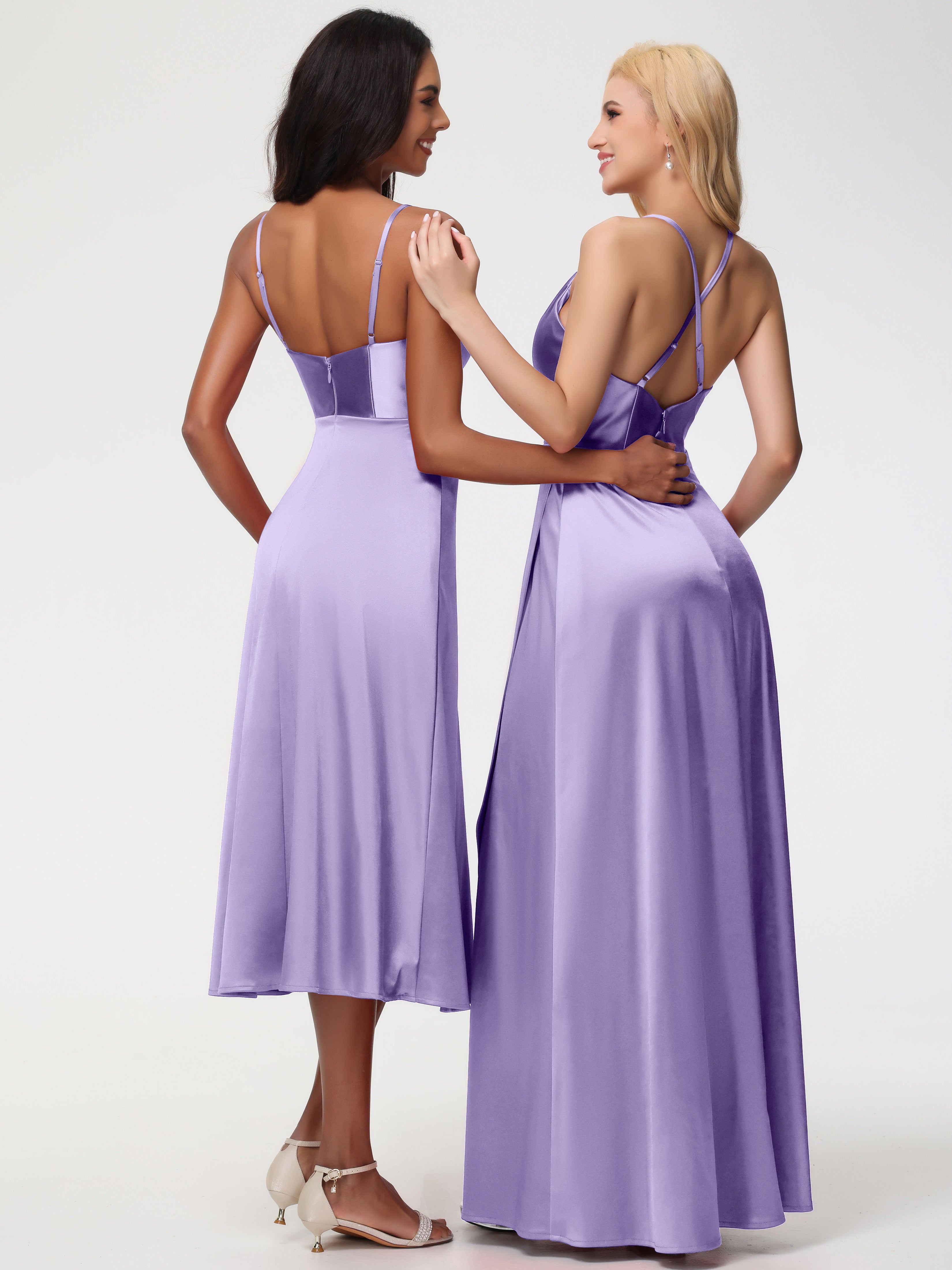 Robes De Demoiselle D'Honneur Tahiti Col V Bretelles Spaghetti Satin Extensible Robe De Demoiselle D'Honneur