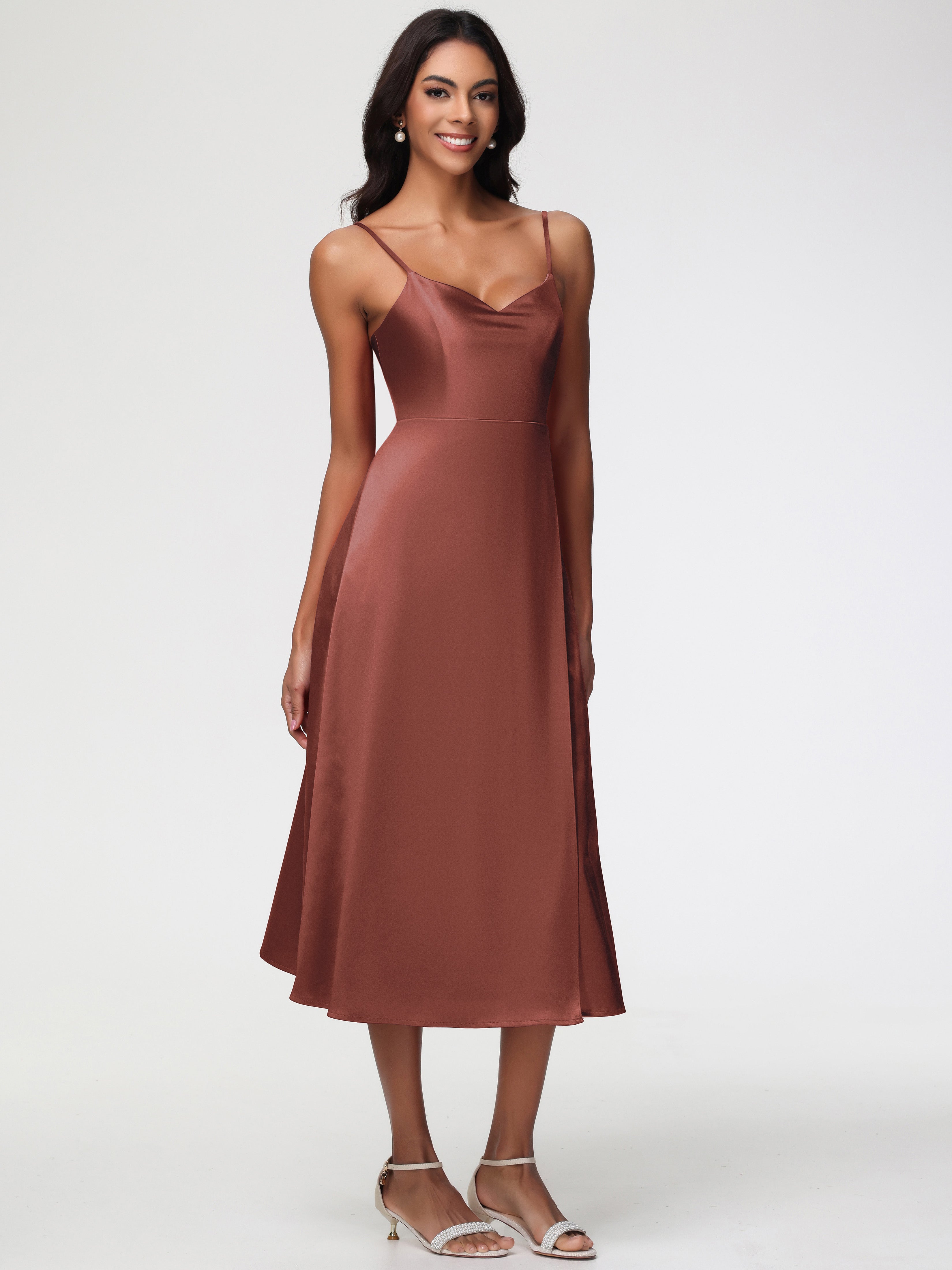 Robe Demoiselle D Honneur Terracota Col V Bretelles Spaghetti Satin Extensible Robe De Demoiselle D'Honneur