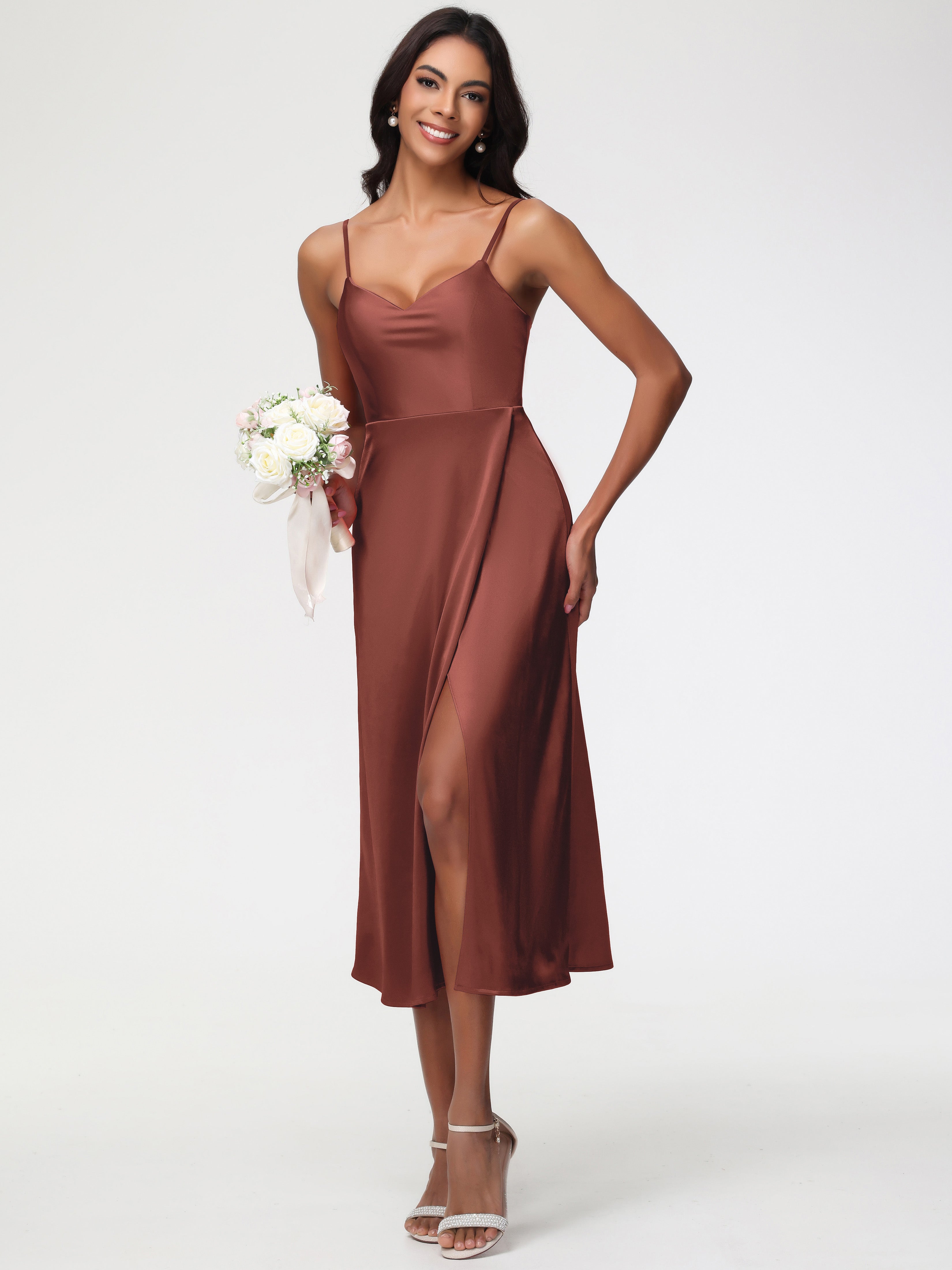 Robe Demoiselle D Honneur Terracota Col V Bretelles Spaghetti Satin Extensible Robe De Demoiselle D'Honneur