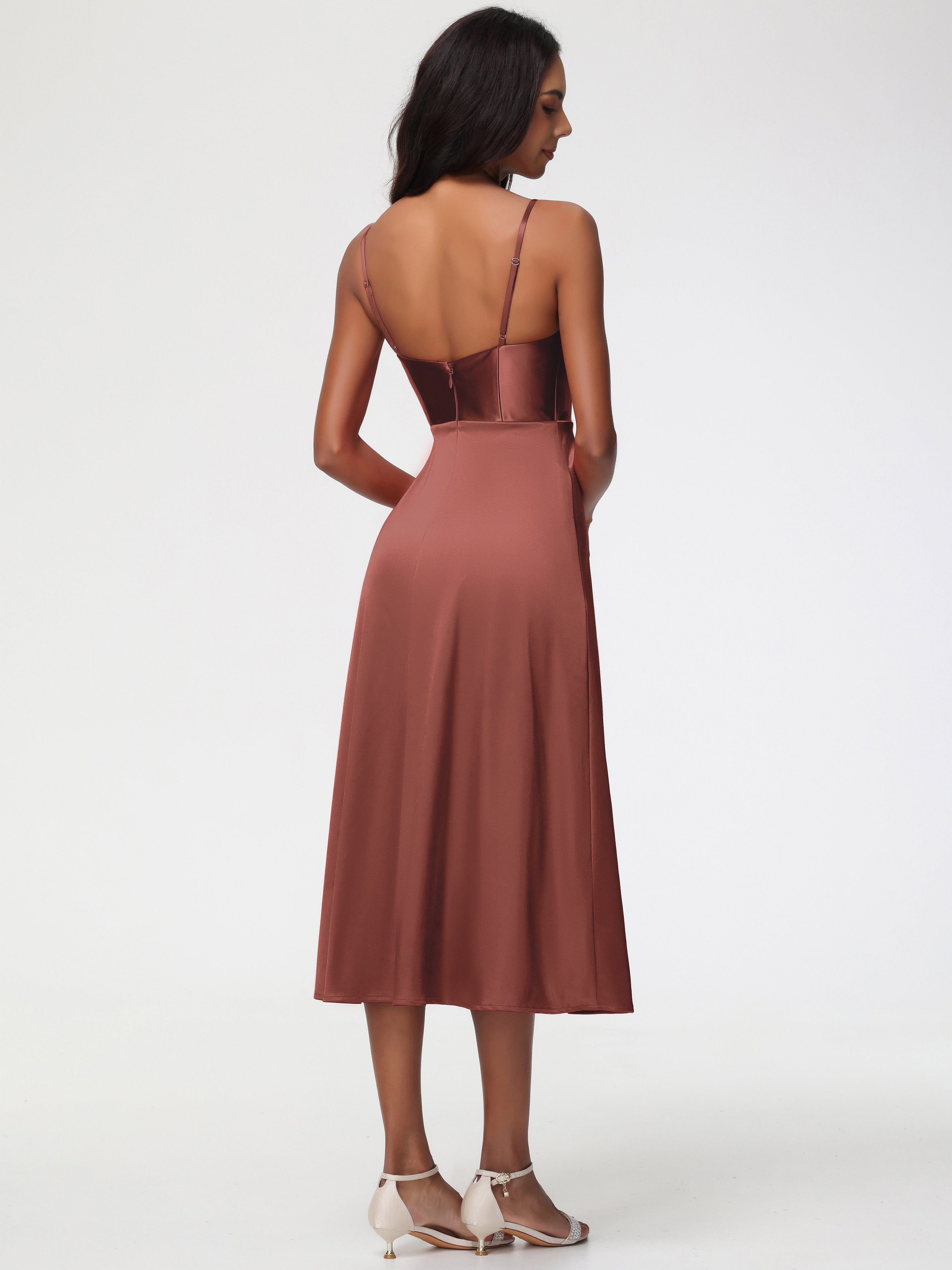 Robe Demoiselle D Honneur Terracota Col V Bretelles Spaghetti Satin Extensible Robe De Demoiselle D'Honneur