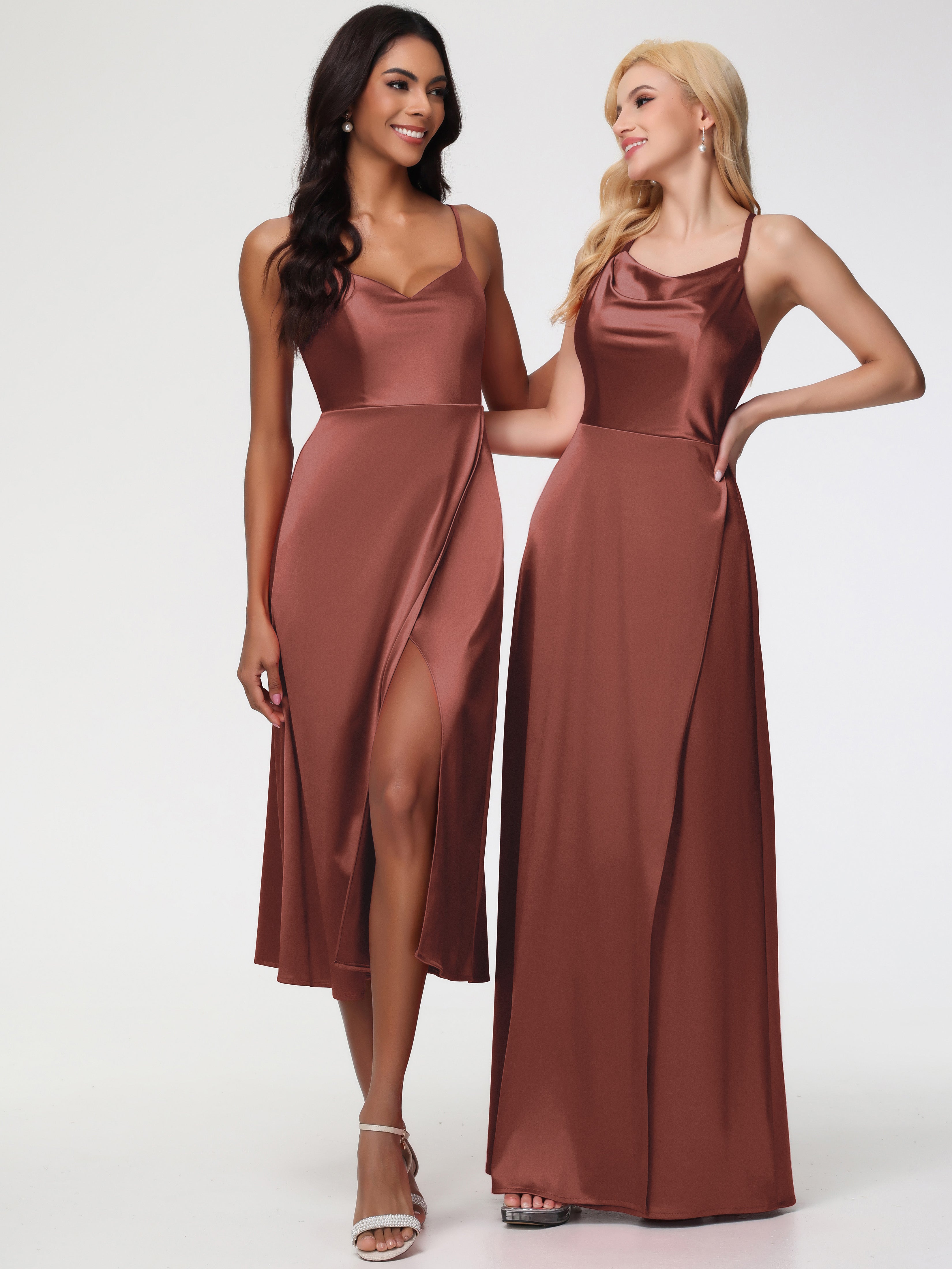 Robe Demoiselle D Honneur Terracota Col V Bretelles Spaghetti Satin Extensible Robe De Demoiselle D'Honneur