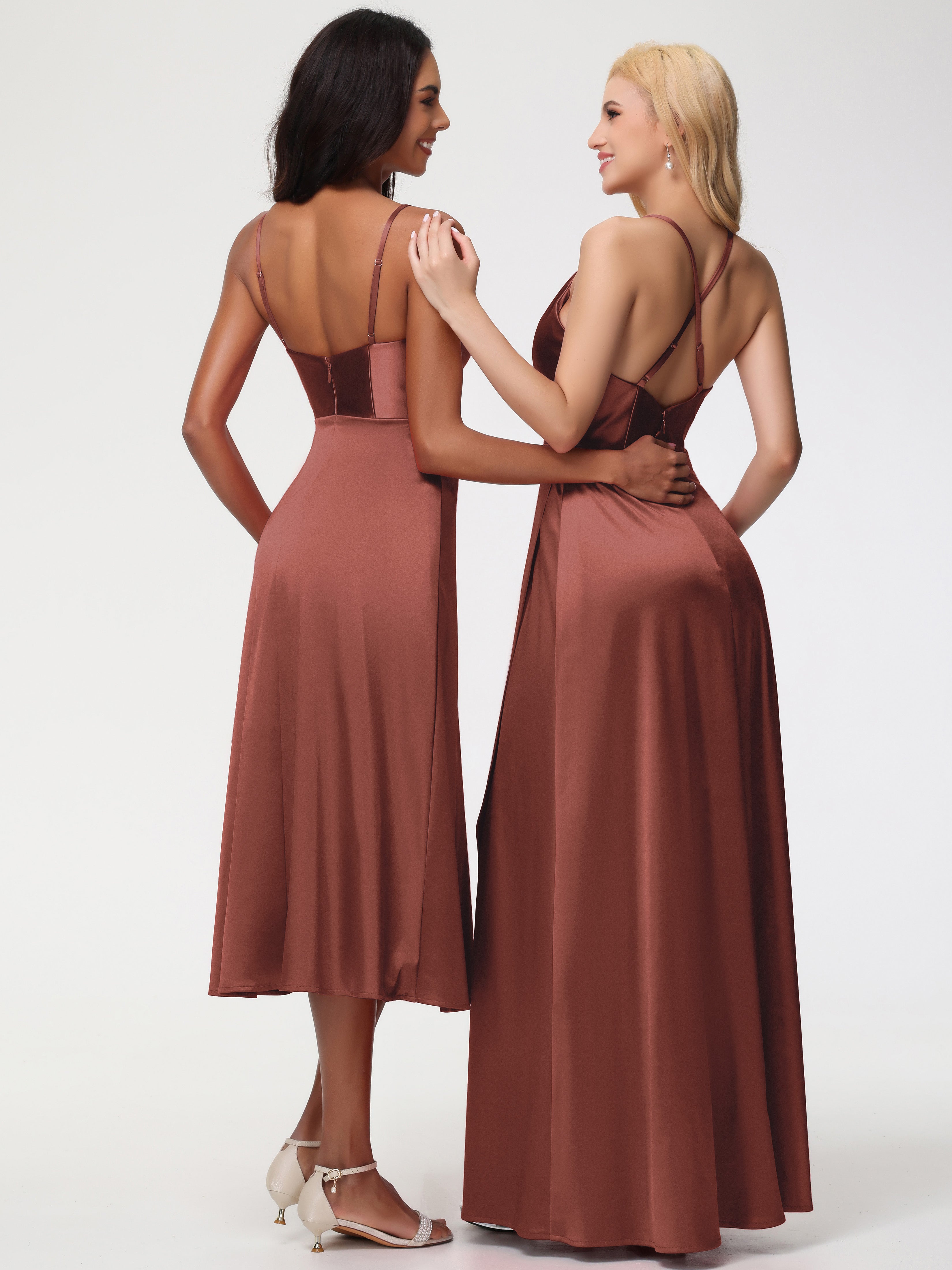 Robe Demoiselle D Honneur Terracota Col V Bretelles Spaghetti Satin Extensible Robe De Demoiselle D'Honneur