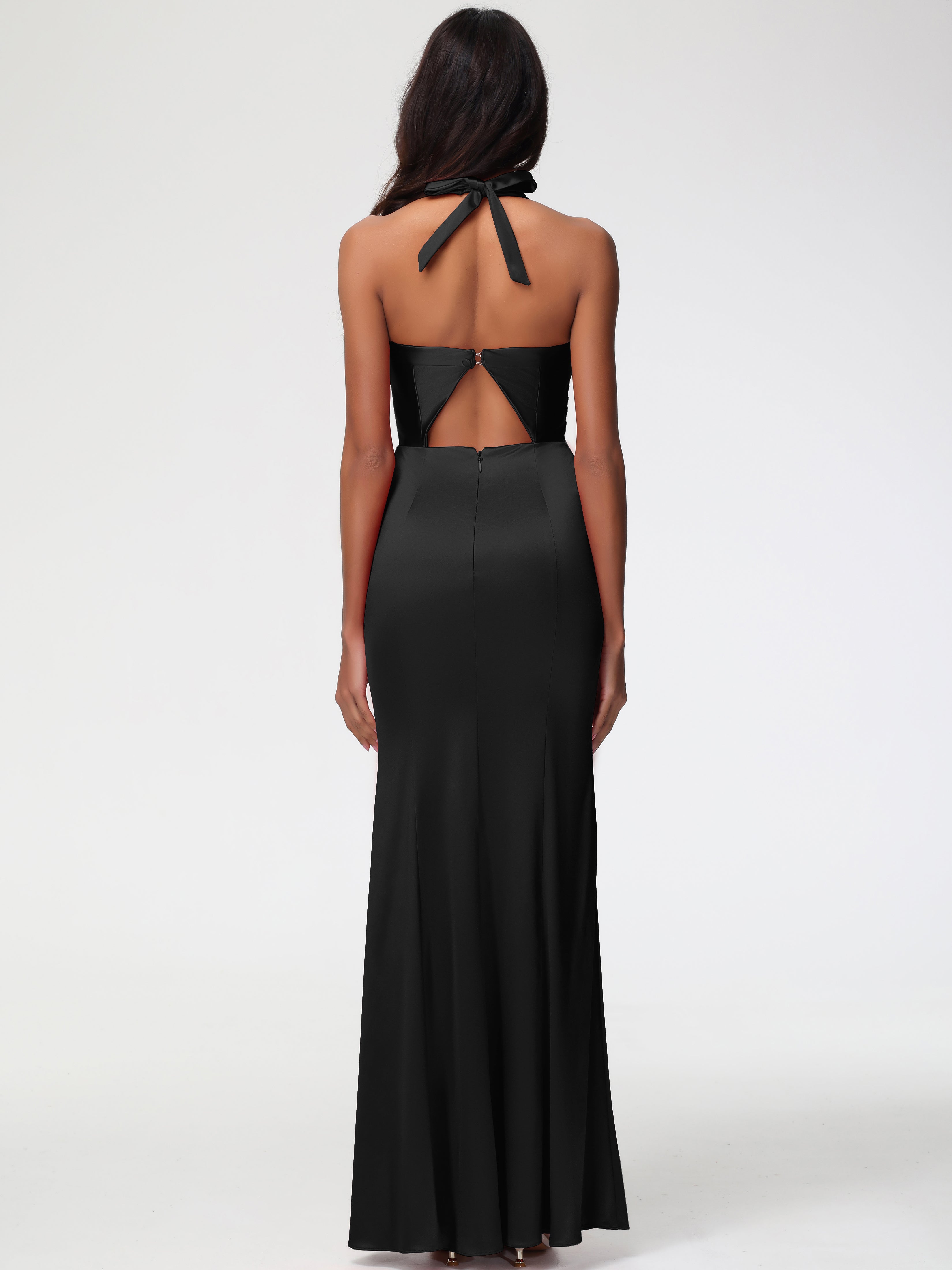 Demoiselle D Honneur Robe Noir Col V Satin Extensible Fourreau/Colonne Robe De Demoiselle D'Honneur Longue Plissée