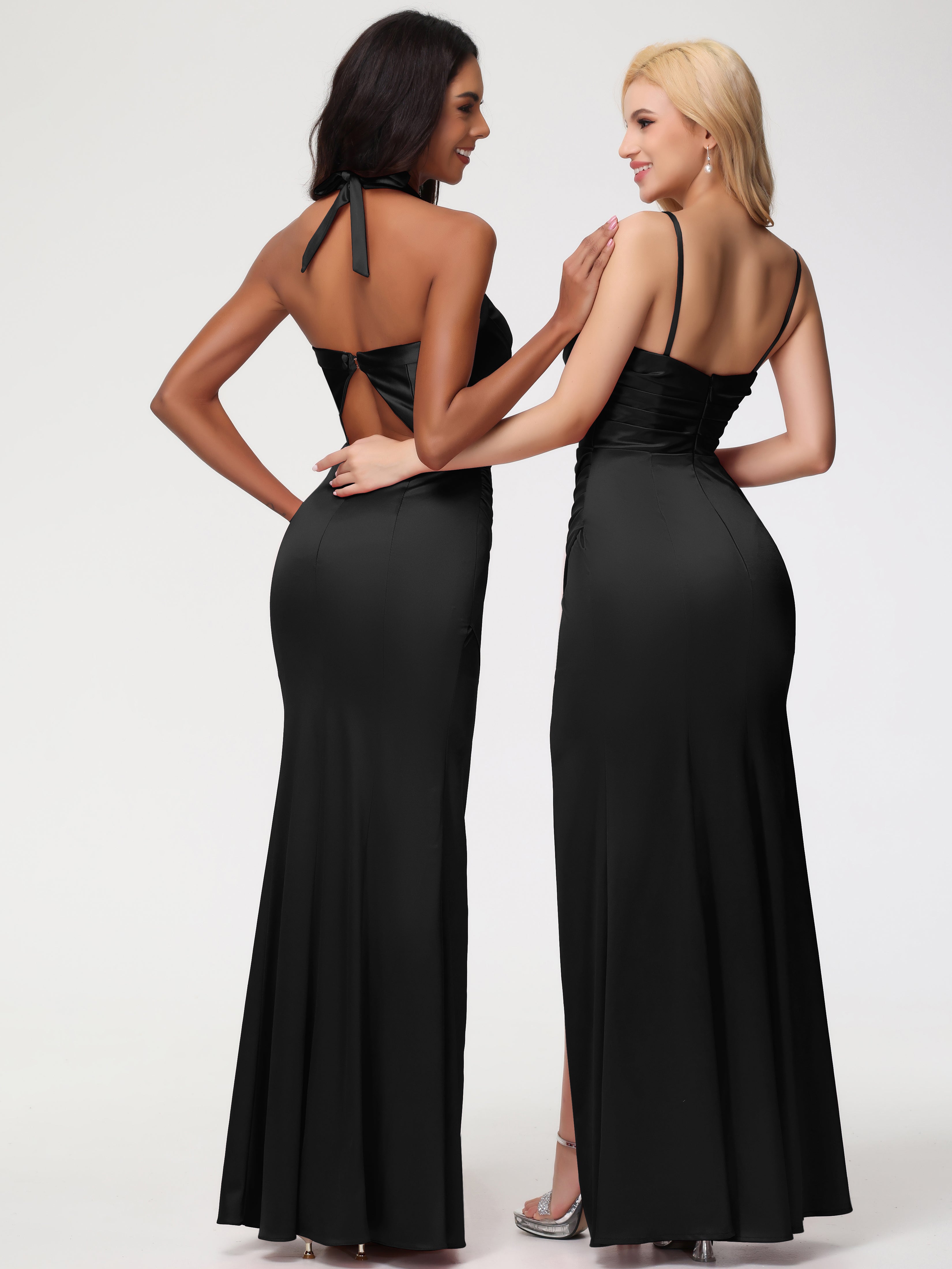 Demoiselle D Honneur Robe Noir Col V Satin Extensible Fourreau/Colonne Robe De Demoiselle D'Honneur Longue Plissée