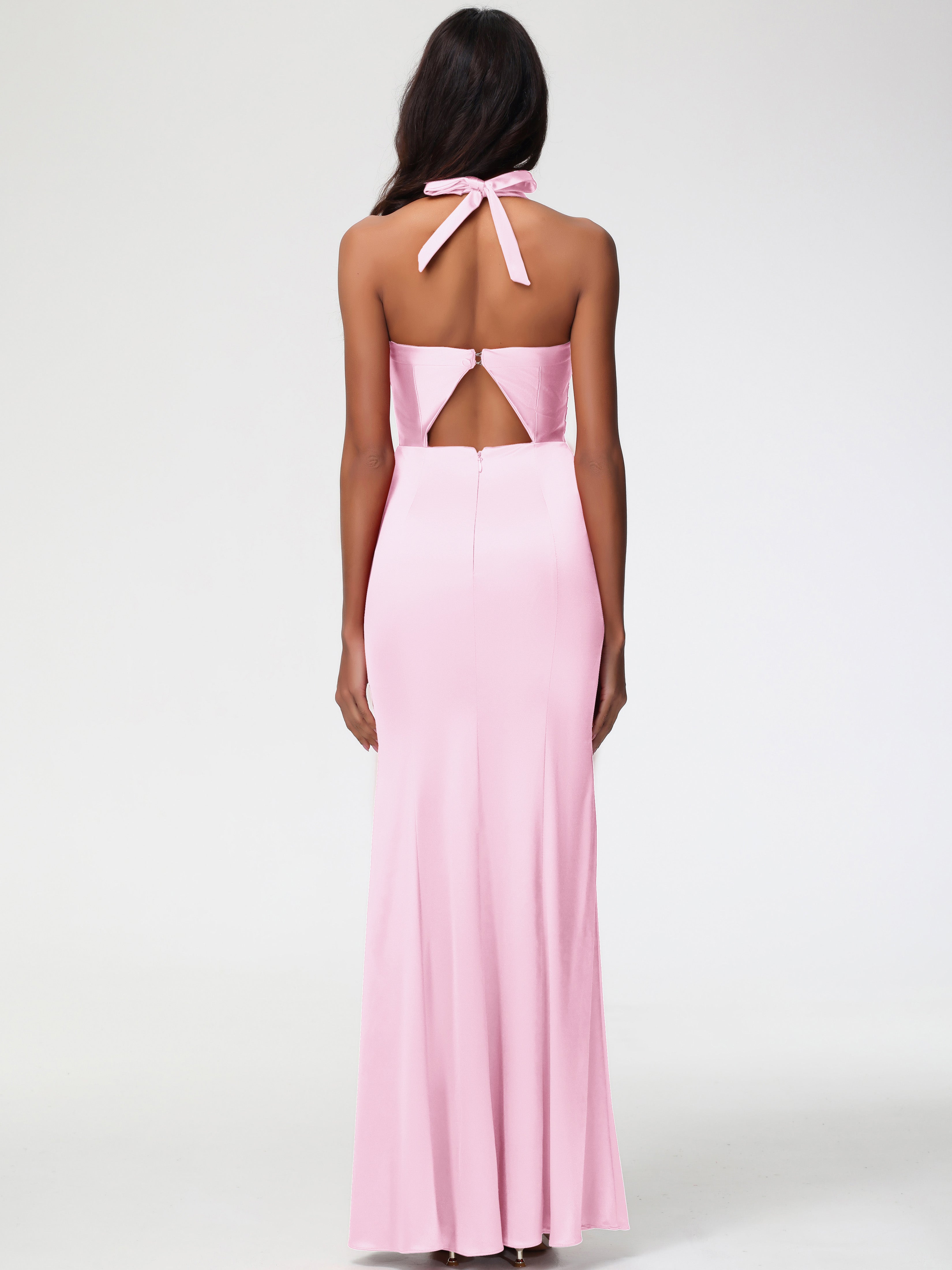 Demoiselle D Honneur Robe Rose Pale Col V Satin Extensible Fourreau/Colonne Robe De Demoiselle D'Honneur Longue Plissée