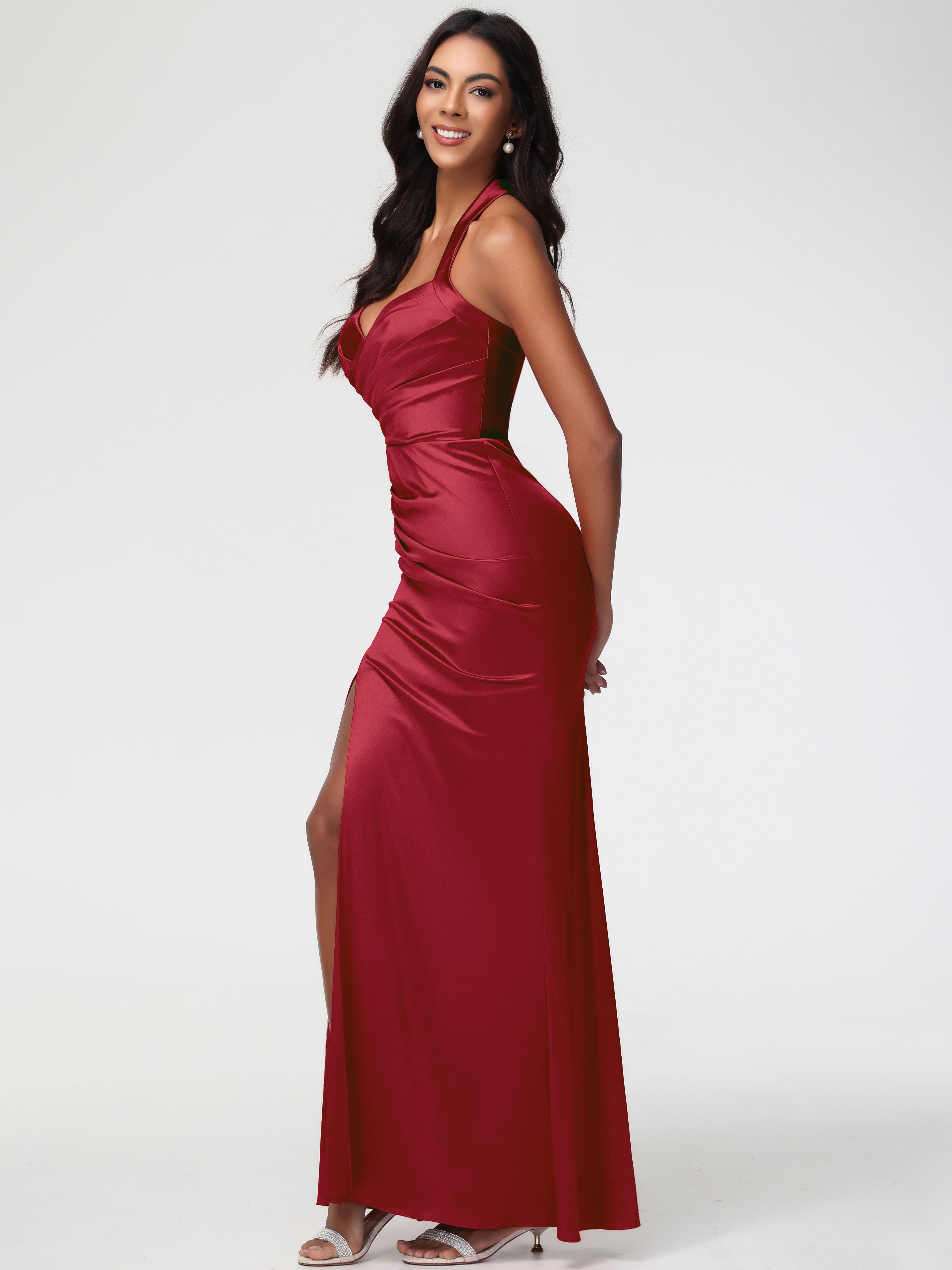 Demoiselle D Honneur Bordeaux Col V Satin Extensible Fourreau/Colonne Robe De Demoiselle D'Honneur Longue Plissée